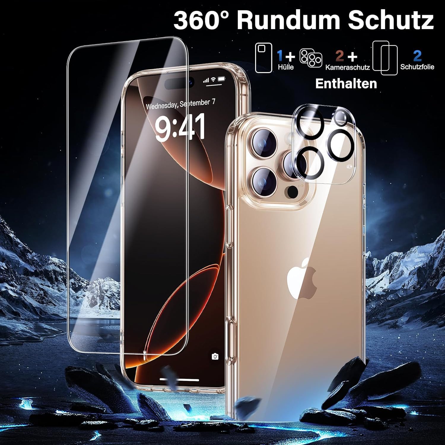 MORRENT Handyhülle 5in1 Hülle für iPhone 16 Pro Max 2X Schutzglas 2X Kamera Panzerfolie