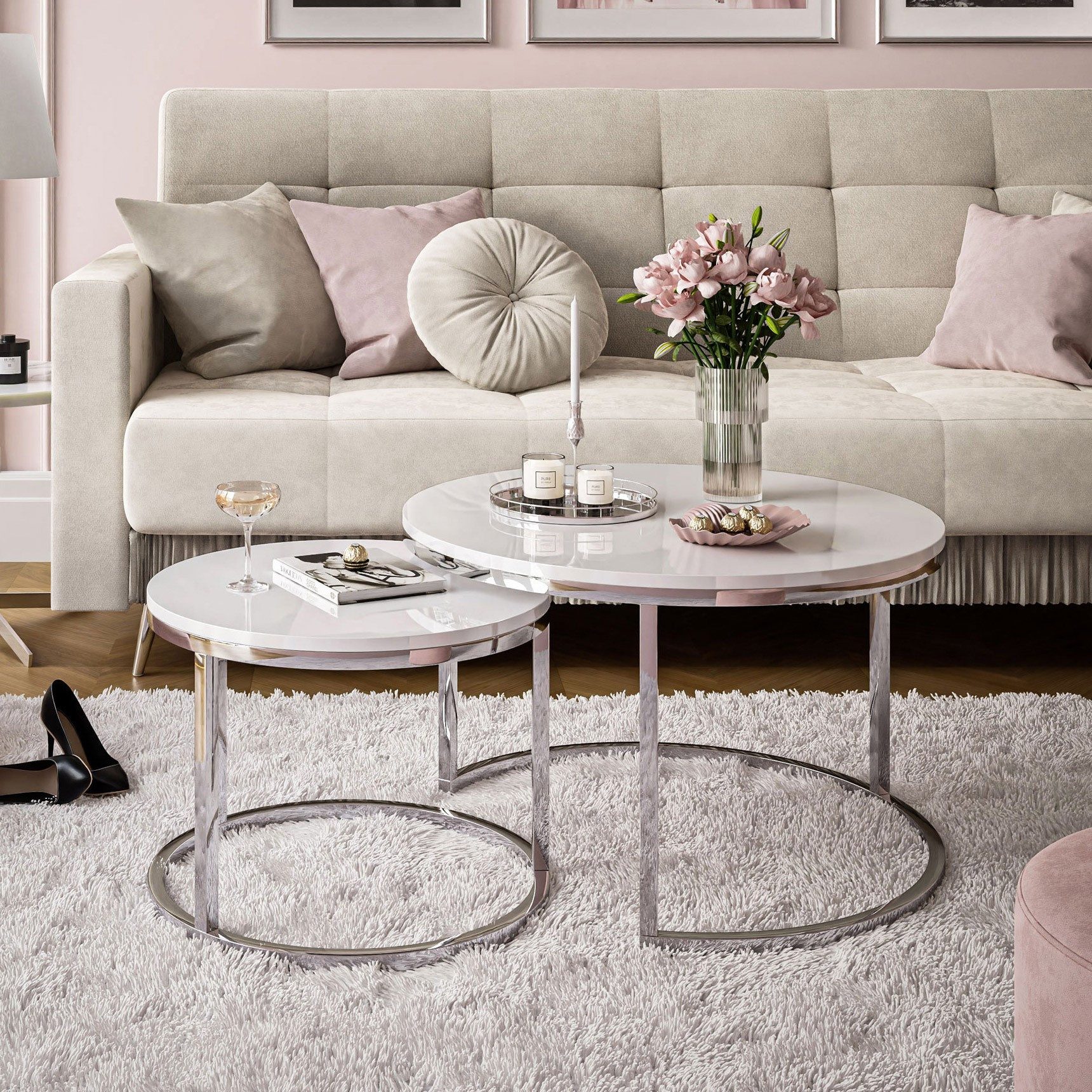Lookway Couchtisch CIRI 2in1 Hochglanz Chrom Gestell Runder Tisch (2er Set) günstig online kaufen