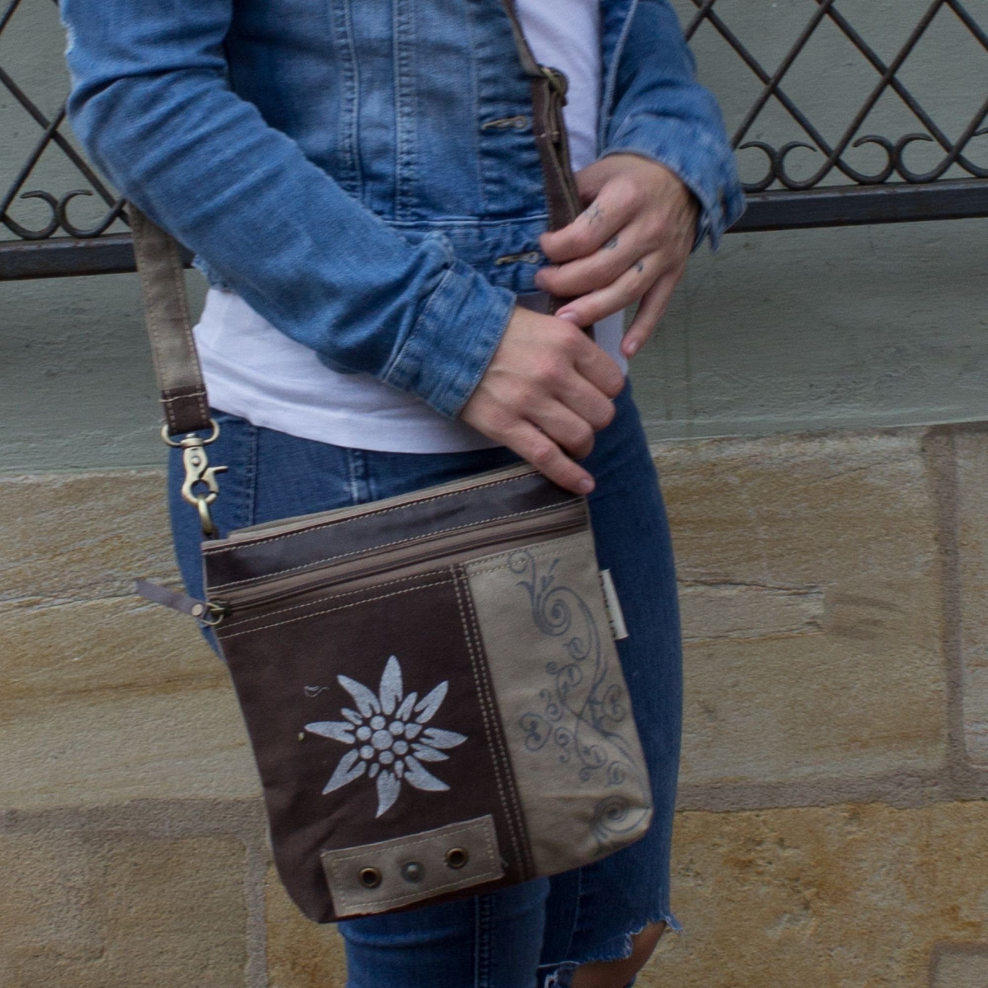 Domelo Trachtentasche Trachtentasche Dirndl Umhängetasche. Schultertasche mit Edelweiss, echtes Leder, Edelweiss Aufdruck