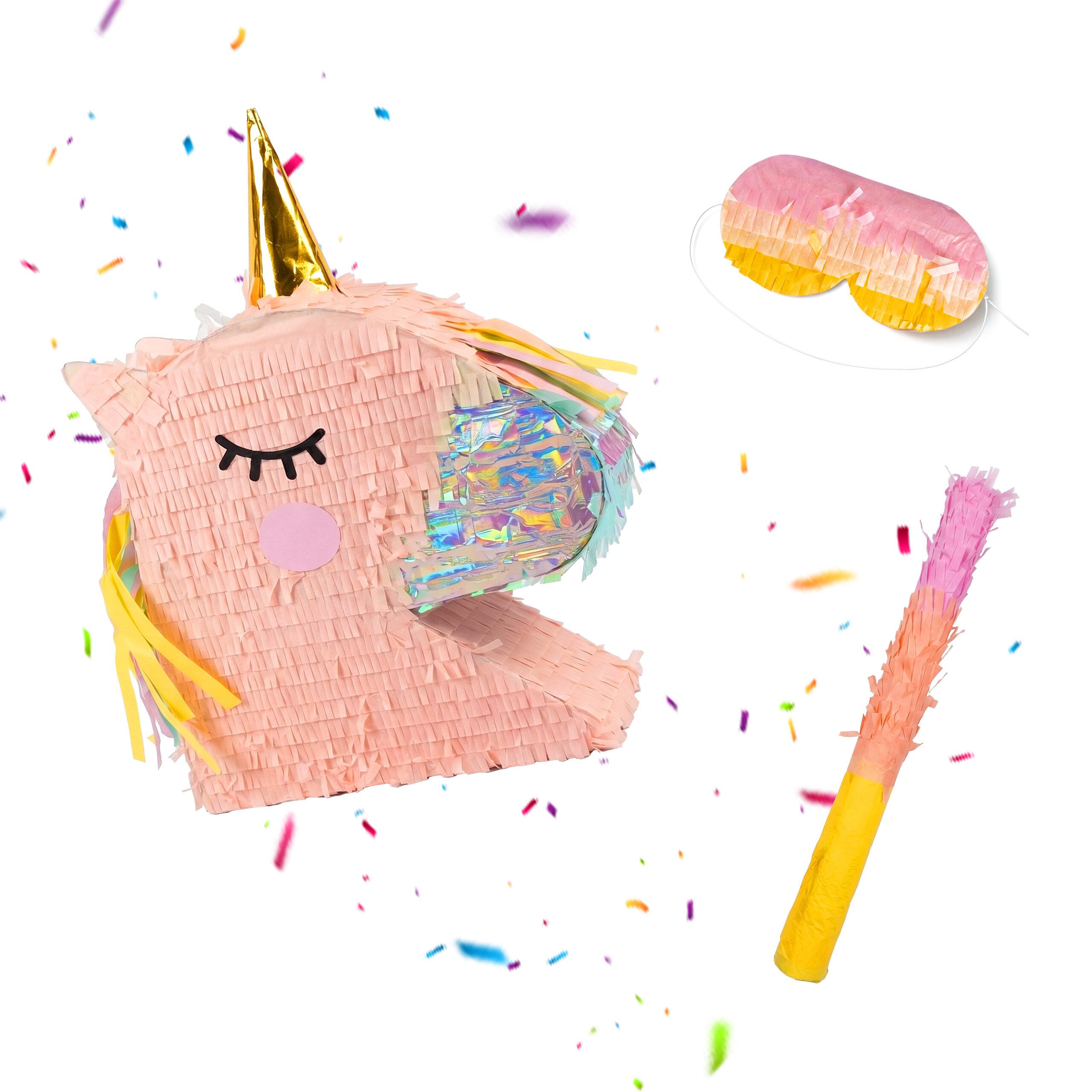 relaxdays Pinata Set Einhorn mit Stab und Maske, Einhornkopf braun