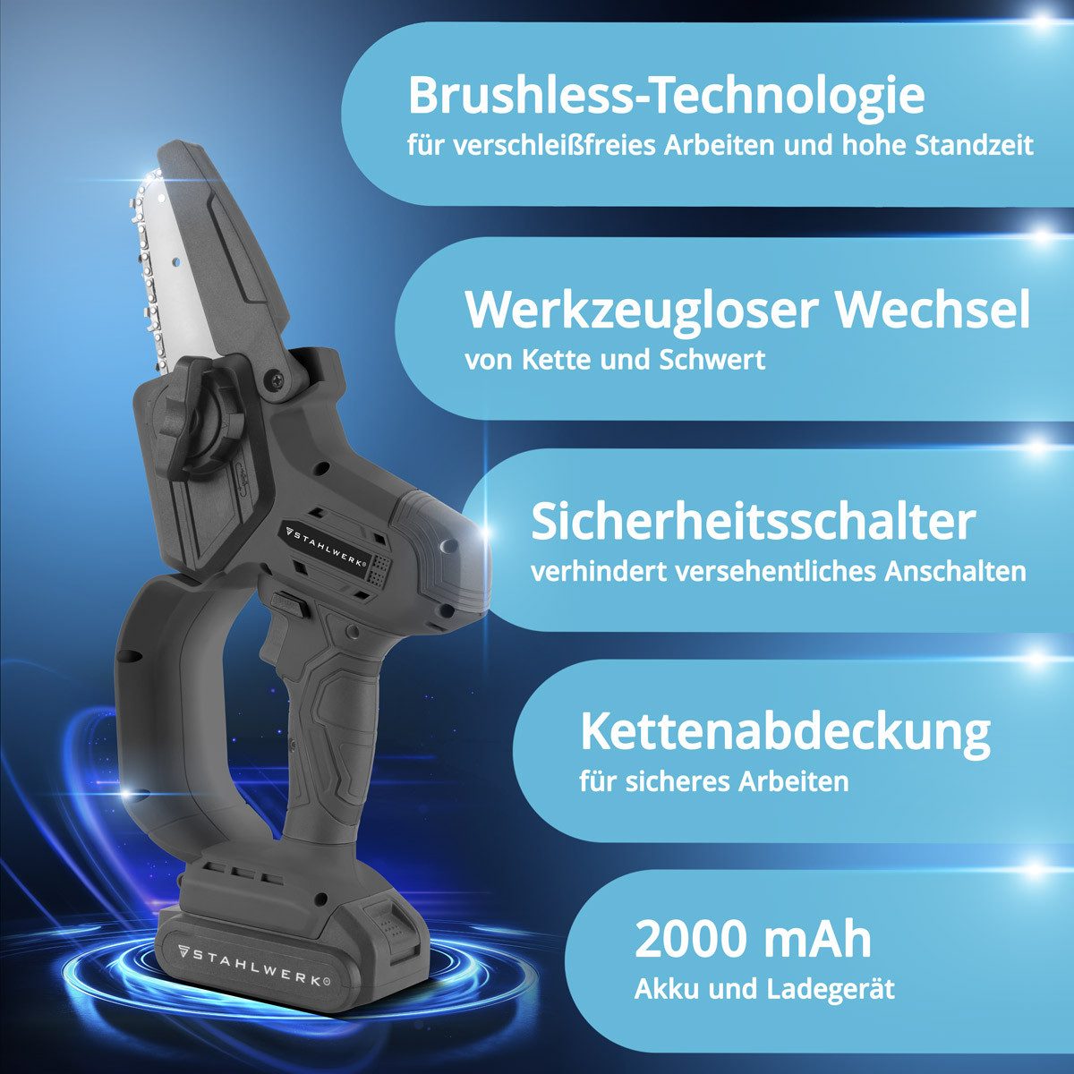 STAHLWERK Akku-Kettensäge Mini Akku Kettensäge Brushless Handkettensäge 4,8 m/s mit 2000mAh