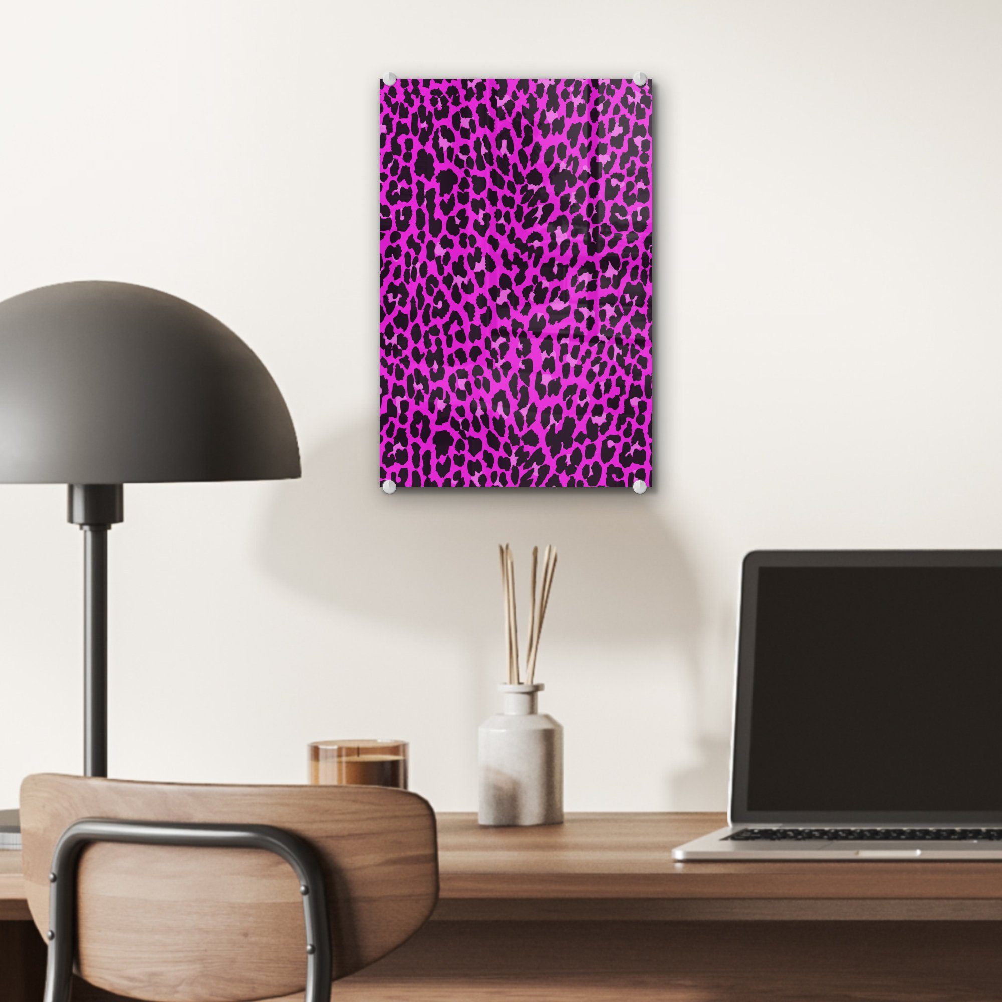MuchoWow Acrylglasbild Leopard - - - Rosa, Bilder St), auf Pelz (1 Wandbild - Glasbilder Glas Foto auf - Glas Wanddekoration