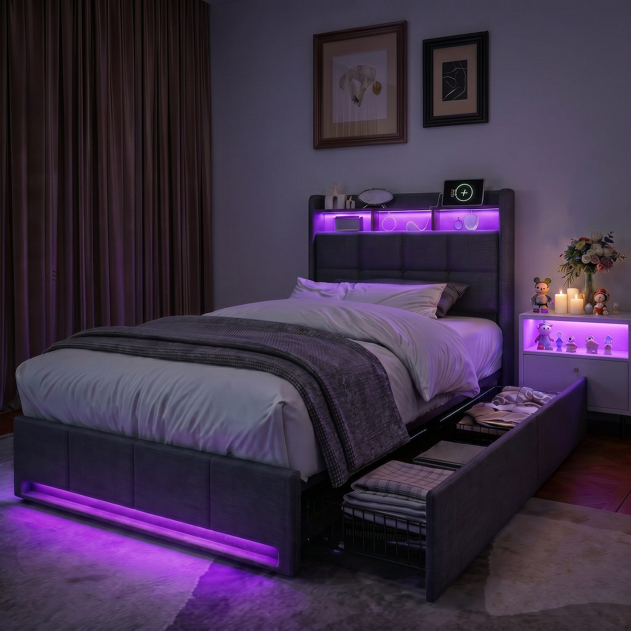 Furnishings Home Polsterbett 90x200 cm, LED Stauraumbett Jugendbett (1-tlg., Leinenmaterial, Komforthöhe, Leises Design Bett), Mit Ladefunktion und 2 Schubladen LED-Beleuchtung Einzelbett