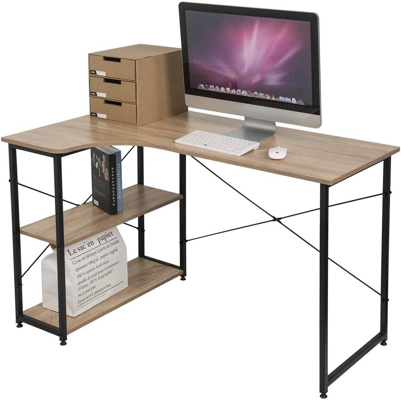 Eiche cm Schreibtisch, Holz 120x74x71,5 Hell Arbeitstisch mit Bücherregal EUGAD