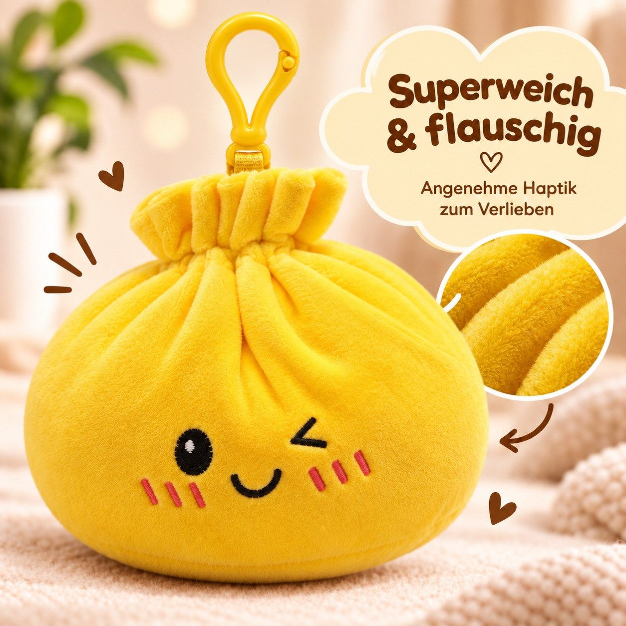 Bert Struis Gepäckanhänger Kawaii Dumpling Bagclip Taschenanhänger Schlüsselanhänger 12cm gelb (Set, 1-St., Geschenk-Set) Plüschanhänger mit niedlichem Kawaii-G – Bild 3 von 5