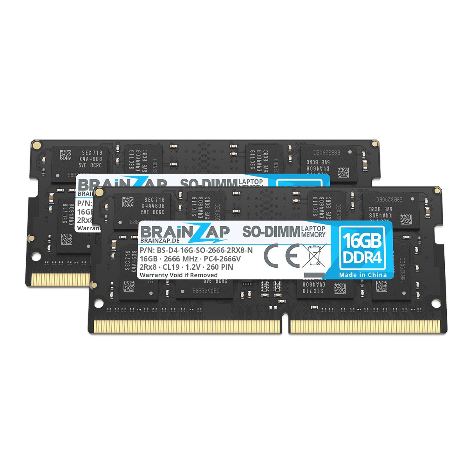 BRAINZAP 32GB (2x 16GB) RAM PC4-2666V SO-DIMM Laptop-Arbeitsspeicher (2666 MHz, CL19, 2Rx8, Non-ECC, Unbuffered, für Notebooks - Intel und)