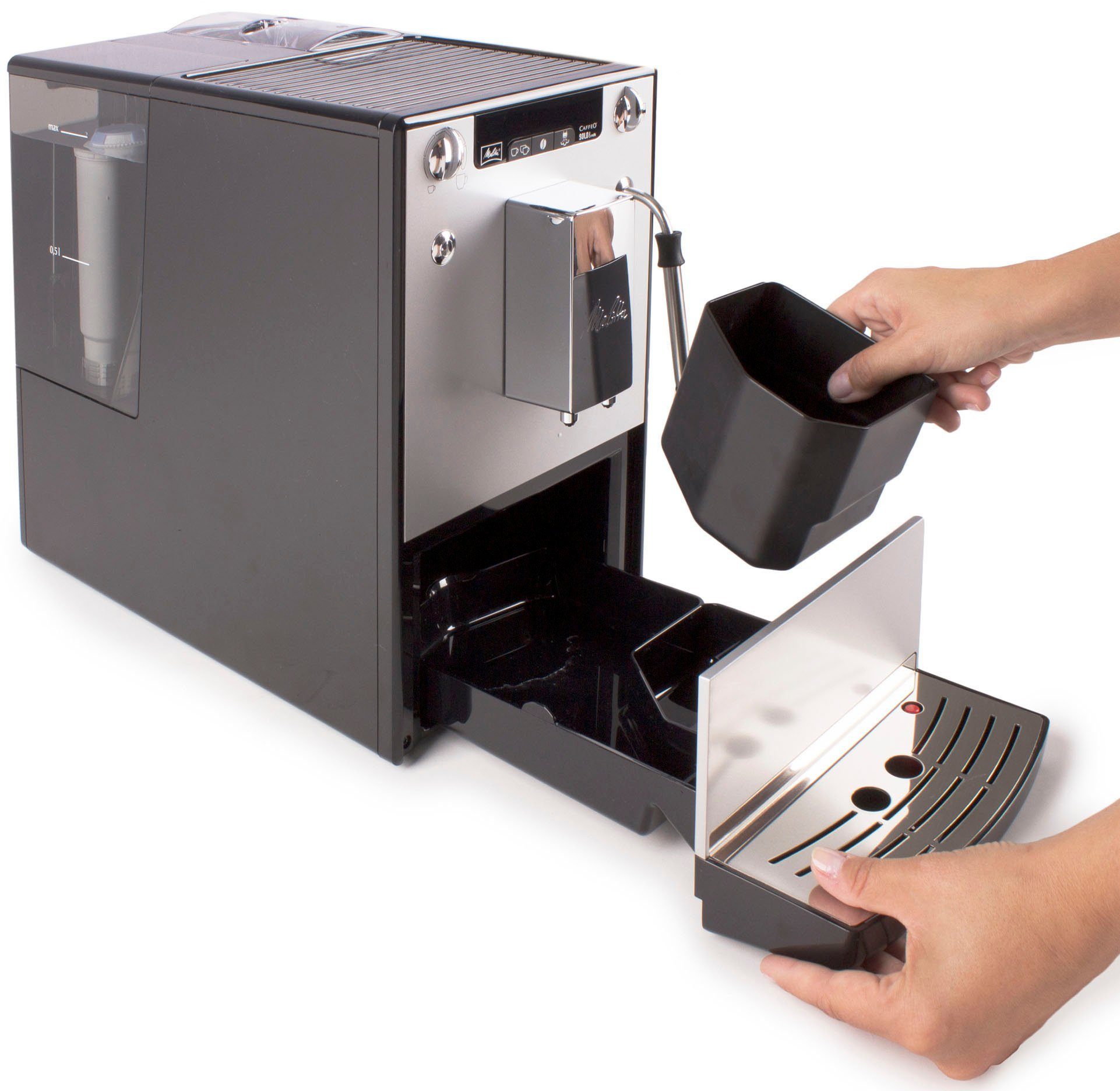 Solo® Melitta Espresso Touch, Kaffeevollautomat One E953-202, Milchschaum & für Milk silber/schwarz, Café & crème Düse per