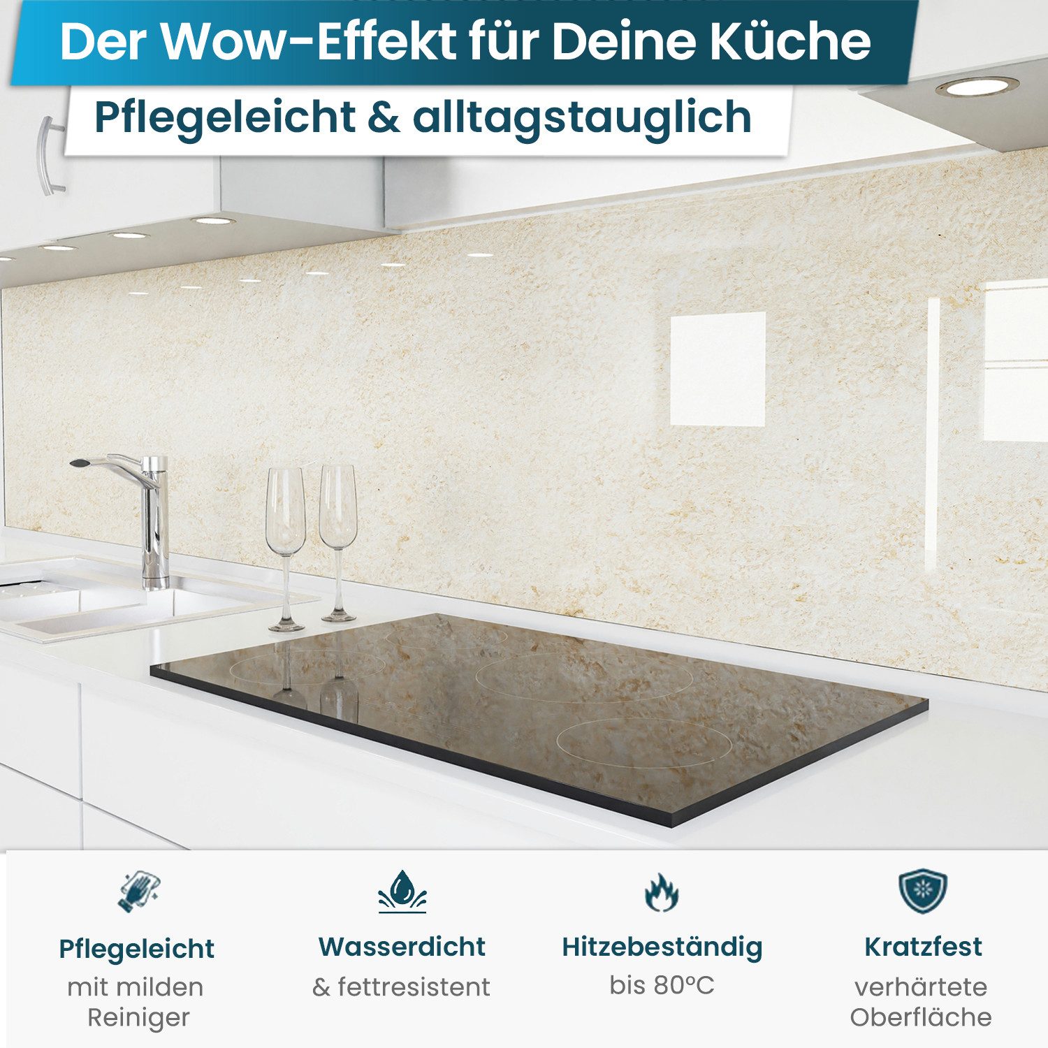 danario Küchenrückwand Folie selbstklebend, Glasoptik, Spritzschutz Küche, ablösbar - 0,8 mm