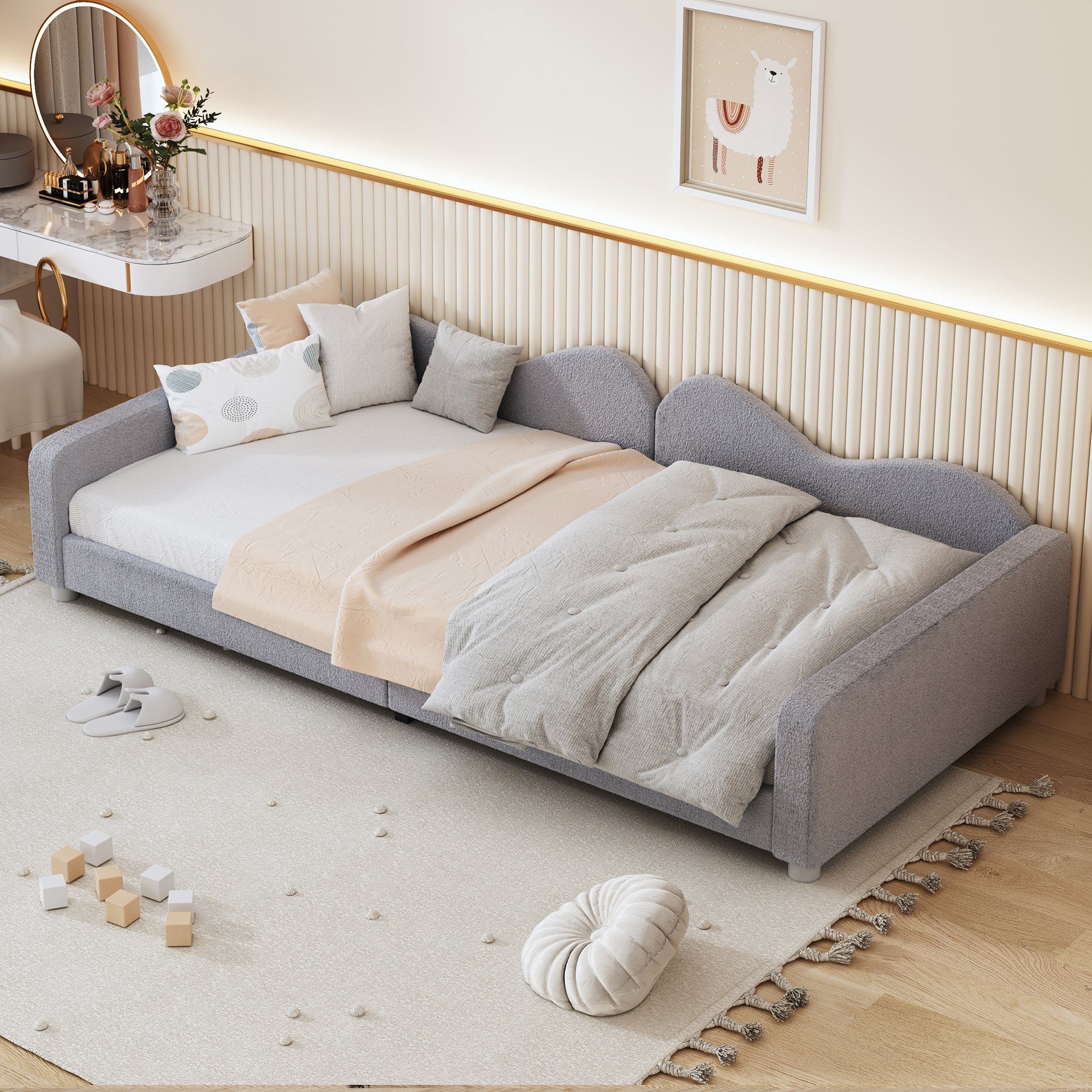 (mit Multifunktionales Polsterbett Bettgestell REDOM Kinderbett, 90x200 Jugendbett cm Rückenlehne Armlehnen, weiches und ohne Teddystoff Matratze Gästebett Bett), Schlafsofa grau