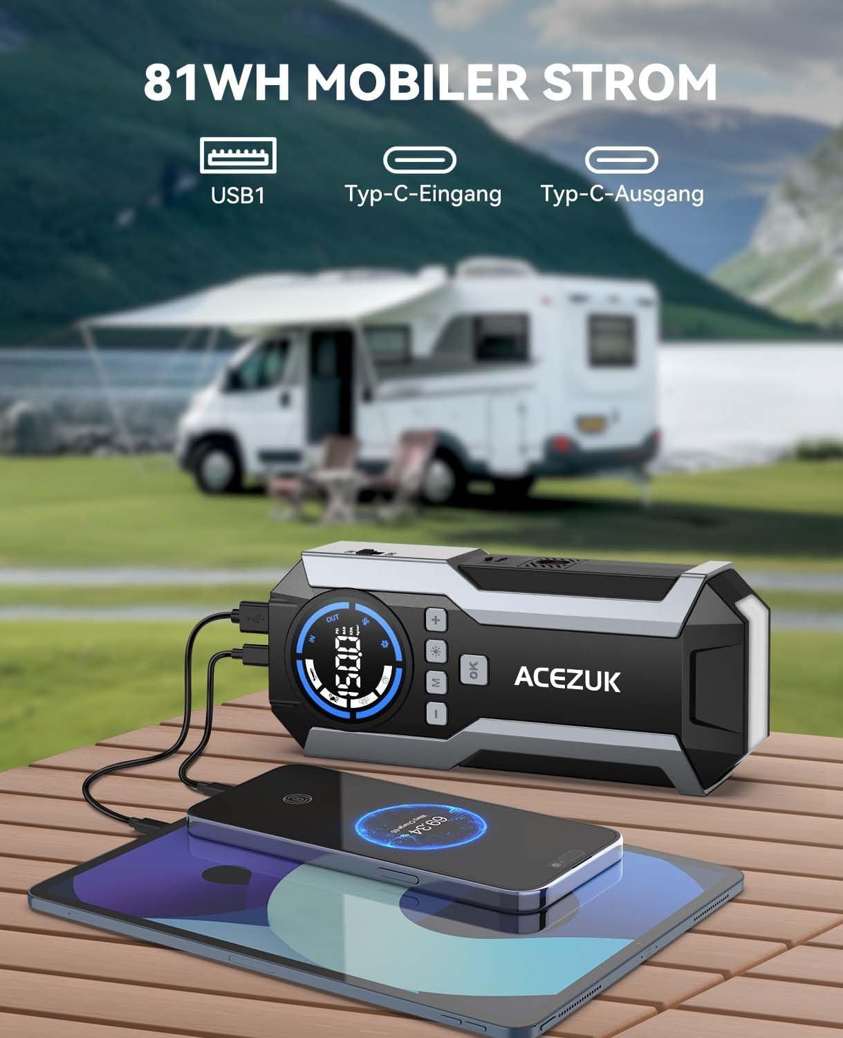 Acezuk Jump Starter Car Jump Starter with Air Compressor 3-in-1 Jump Starter (12V), 150 PSI, 6000A with LED Emergency Light and USB Power Bank