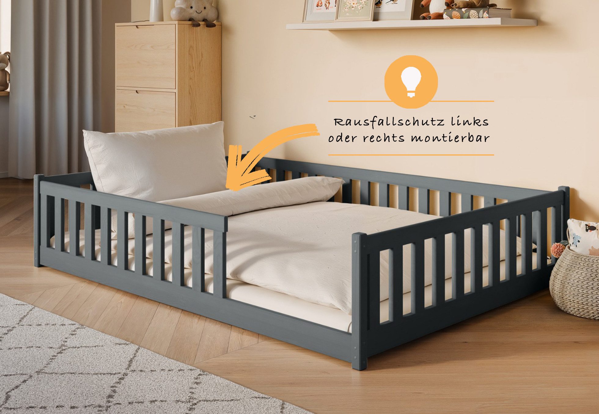 Kids Collective Kinderbett Bodenbett Bett mit Rausfallschutz & Lattenrost Montessori Bett Kinder (weitere Größen 80x160, 80x180, 90x190, 90x200, 120x200 cm), Ju – Bild 4 von 5