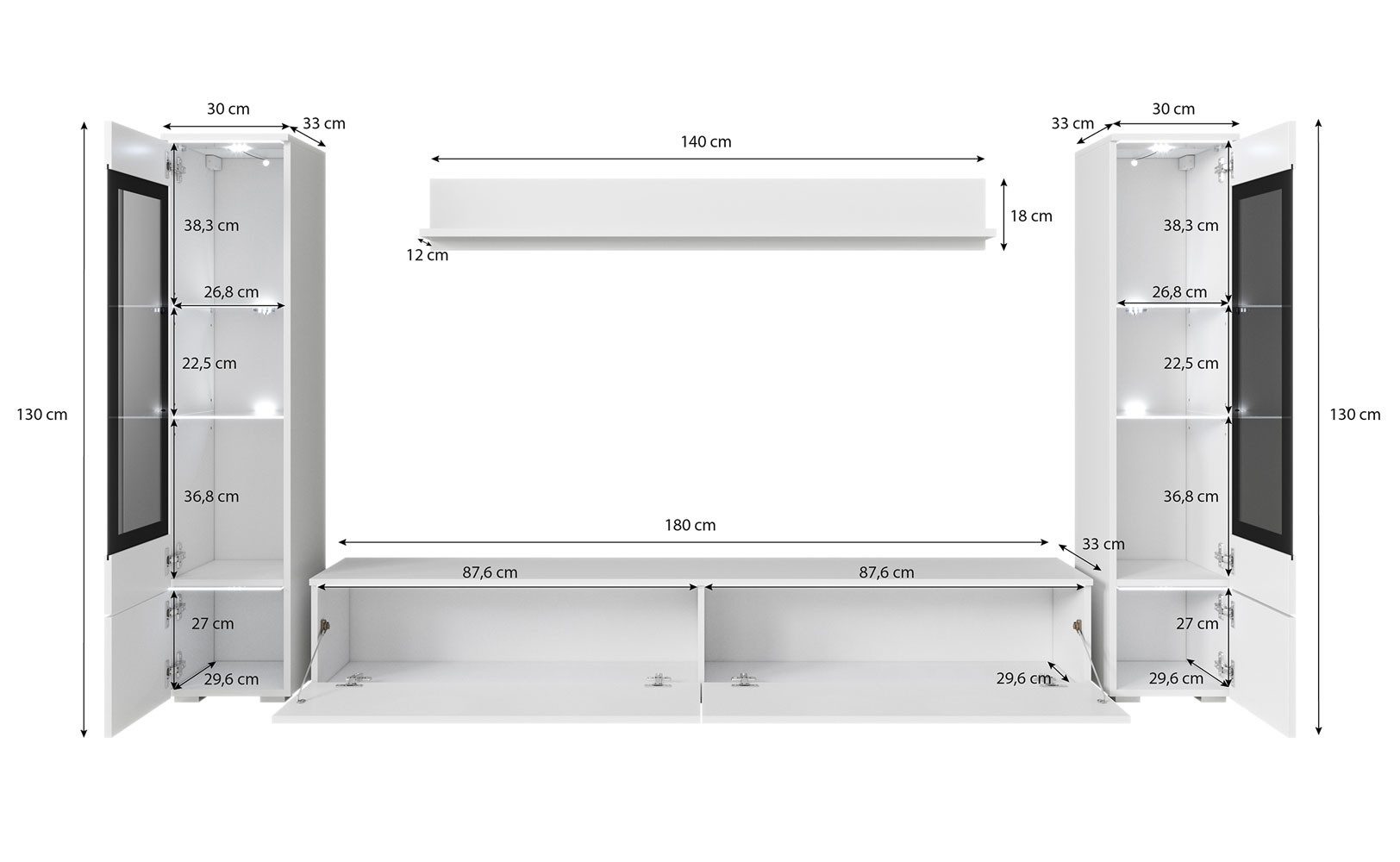 Feldmann-Wohnen Wohnwand Vera, (Vera, 4-St., 2 Hängevitrinen, 1 Lowboard, 1 Wandregal), 240cm Eiche Wotan / weiß Hochglanz 4-teilig