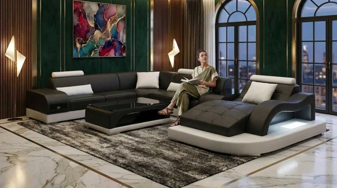 Xlmoebel Wohnlandschaft Moderne Wohnlandschaft Schwarz Weiß Relaxbereich Designer Couchtisch, Ecksofa mit Couchtisch 2 Teile, LED Beleuchtung, Sofa U-form