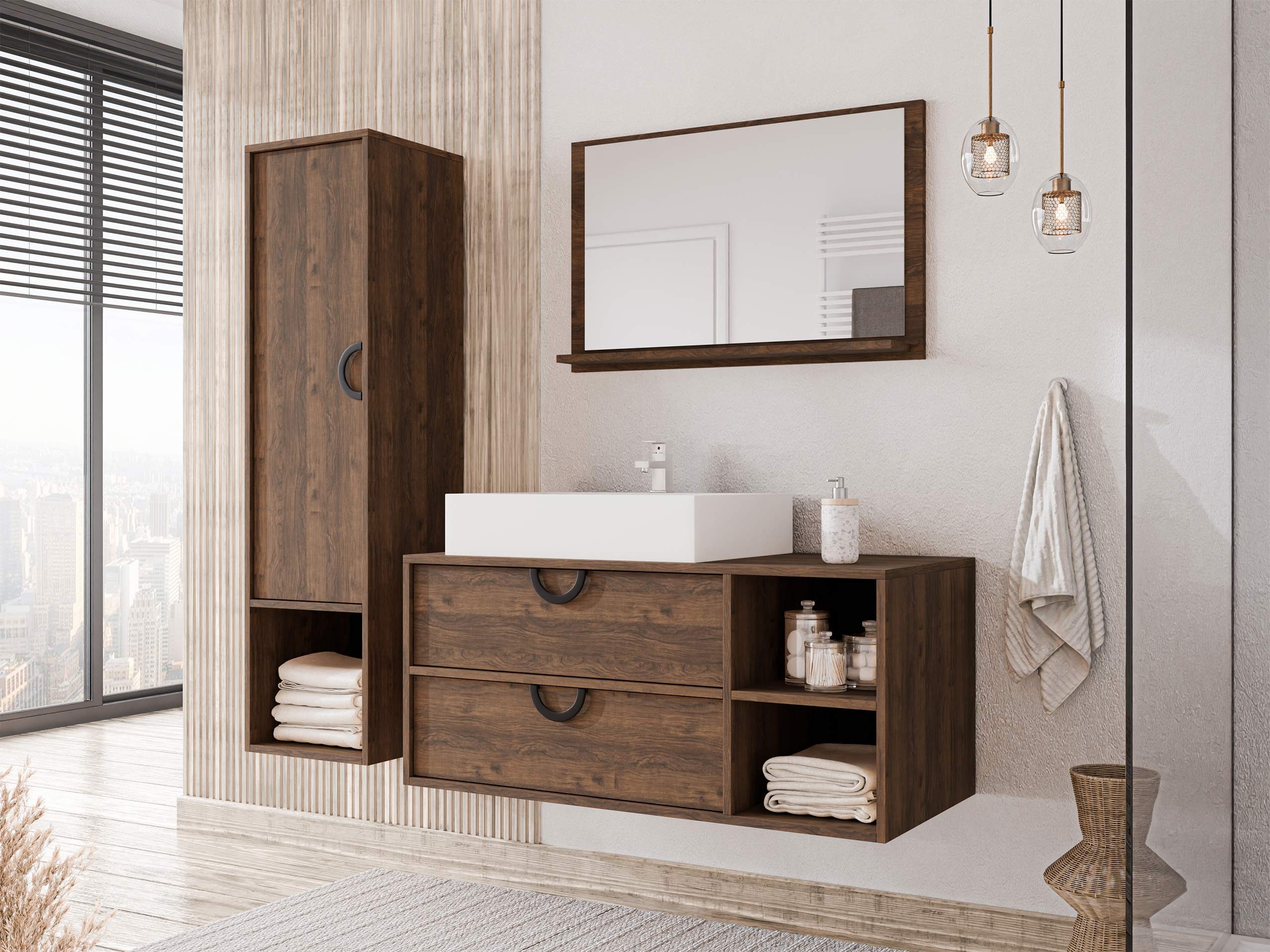 MIRJAN24 Badmöbel-Set 14, (4er-Set, Spiegel, Waschbeckenschrank, Waschbecken, Badezimmerschrank)