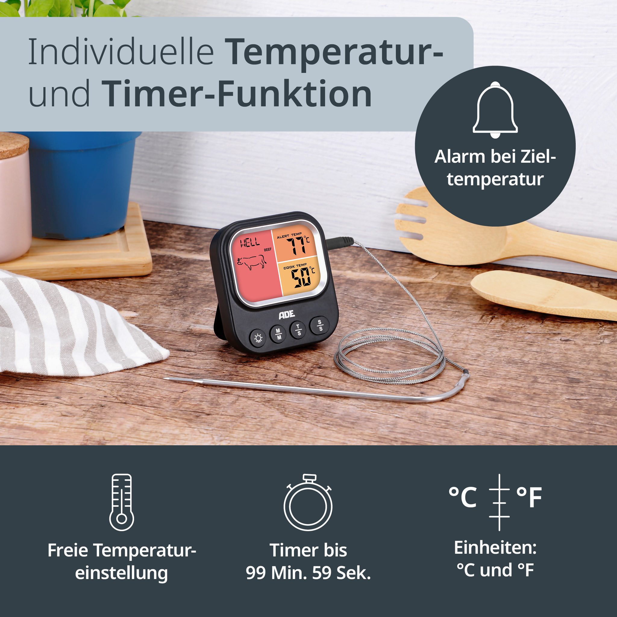 ADE Bratenthermometer für Ofen, Grill, Heißluftfritteuse, Zucker, Marmelade, heiße Getränke, digital, bis 250 °C, extra feiner Fühler, mit Timerfunktion