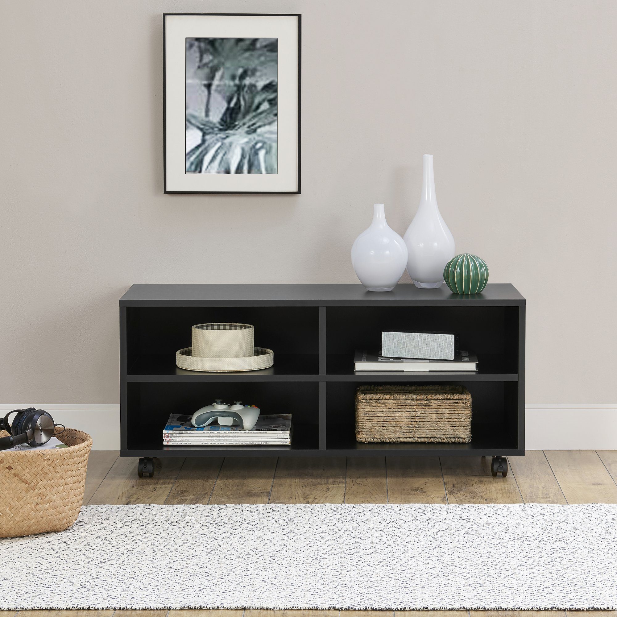 en.casa Lowboard, »Gränne« Rollbares Regal 90x35x40,5 cm Sideboard Schwarz, matt, 5 cm Sideboard Schwarz, matt