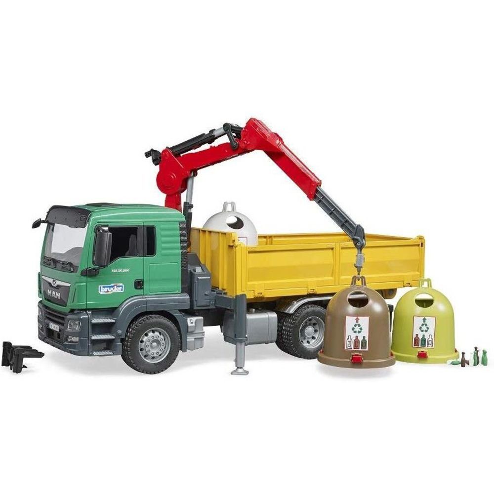 Bruder® Spielzeug-LKW »Man TGS LKW«, mit Ladekran und 3 Altglascontainern,  Kinder Spielfahrzeug Truck mit Kran Glascontainer, Grün/Gelb/Rot