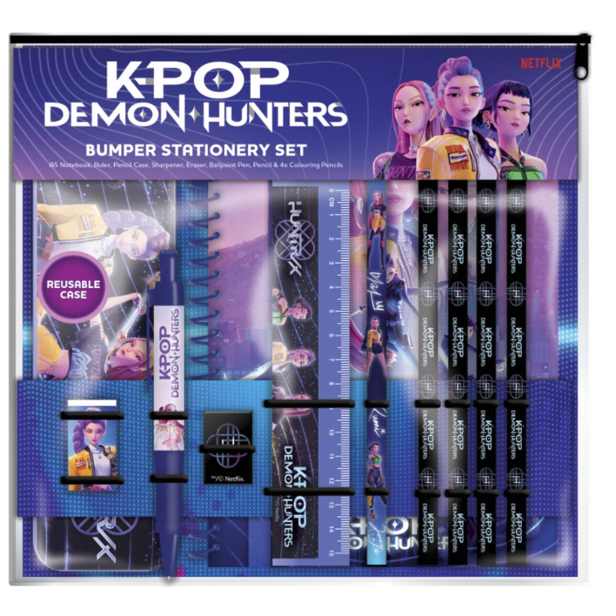 KPop Demon Hunters Notizbuch Schreibset mit Bleistiften Kugelschreibern Lineal Federmappe