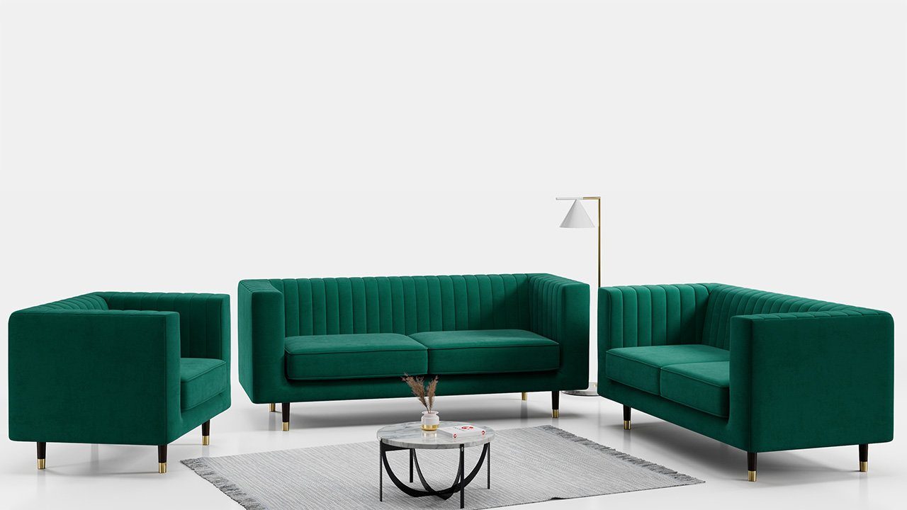 MKS MÖBEL Sofa ELMO 3 2 1, Möbelset mit hohen Beinen, im modischen Stil, Loungemöbel Dunkelgrün Kronos