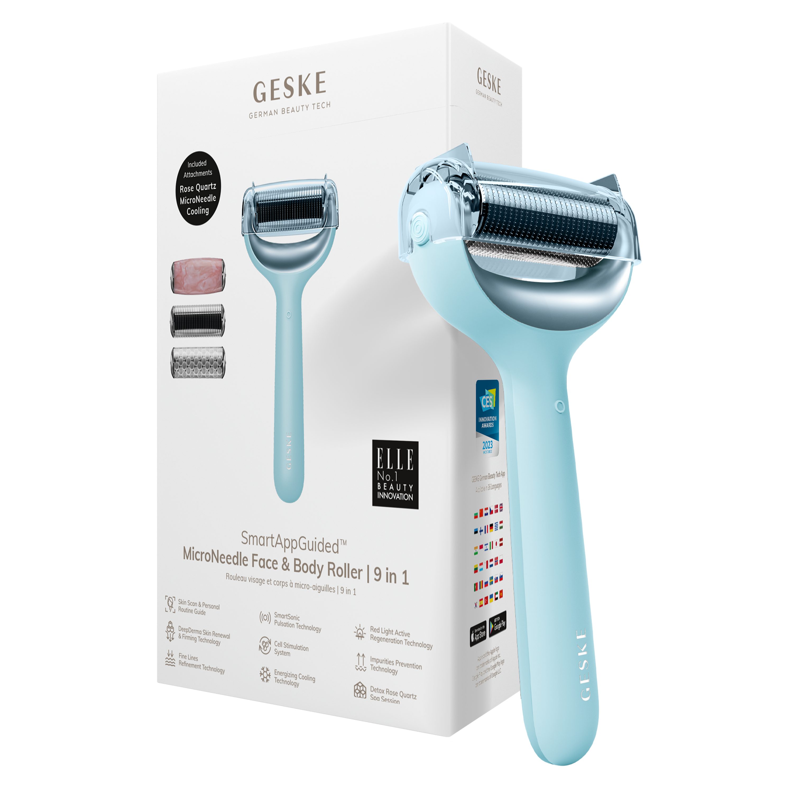 GESKE German Beauty Tech Micro-Needling SmartAppGuided™ MicroNeedle Face & Body Roller 9 in 1, Packung (Gerät & USB-Ladekabel), 5-tlg., Gerät inkl. kostenloser APP (SmartAppGuided Device), Mit der GESKE App erhältst Du deine personalisierte Hautpflegeroutine. Turquoise