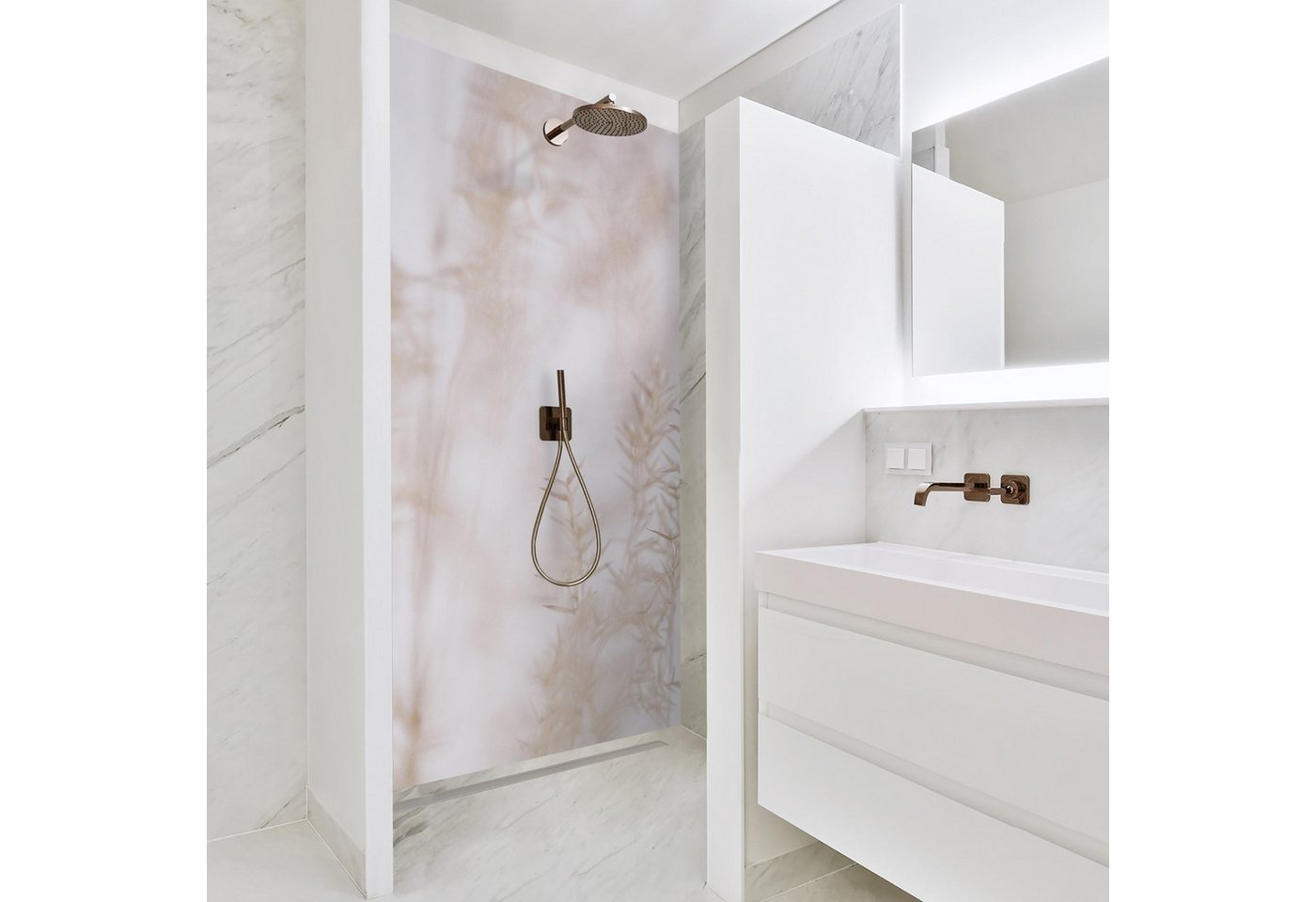 Thumbnail - Bilderdepot24 Badrückwand Landhaus beige Duschrückwand ohne Bohren Dusche Floral, (Hartfolie matt » Selbstklebend PREMIU...