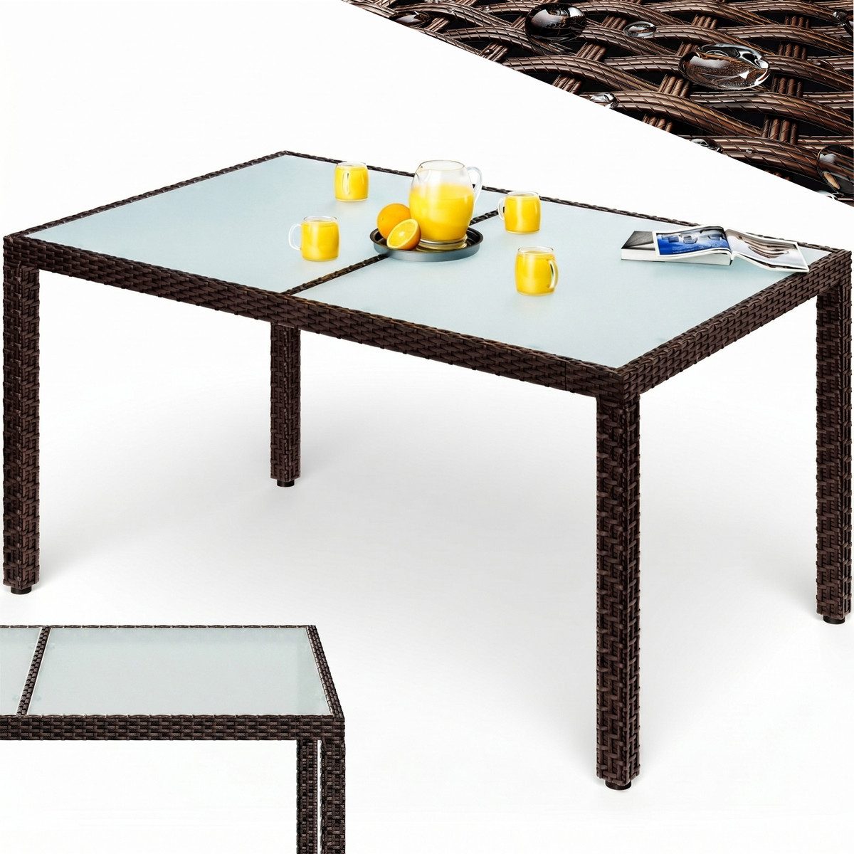 Casaria Gartentisch, Wetterfest 150x90cm Polyrattan Höhenverstellbar 5mm Sicherheitsglas