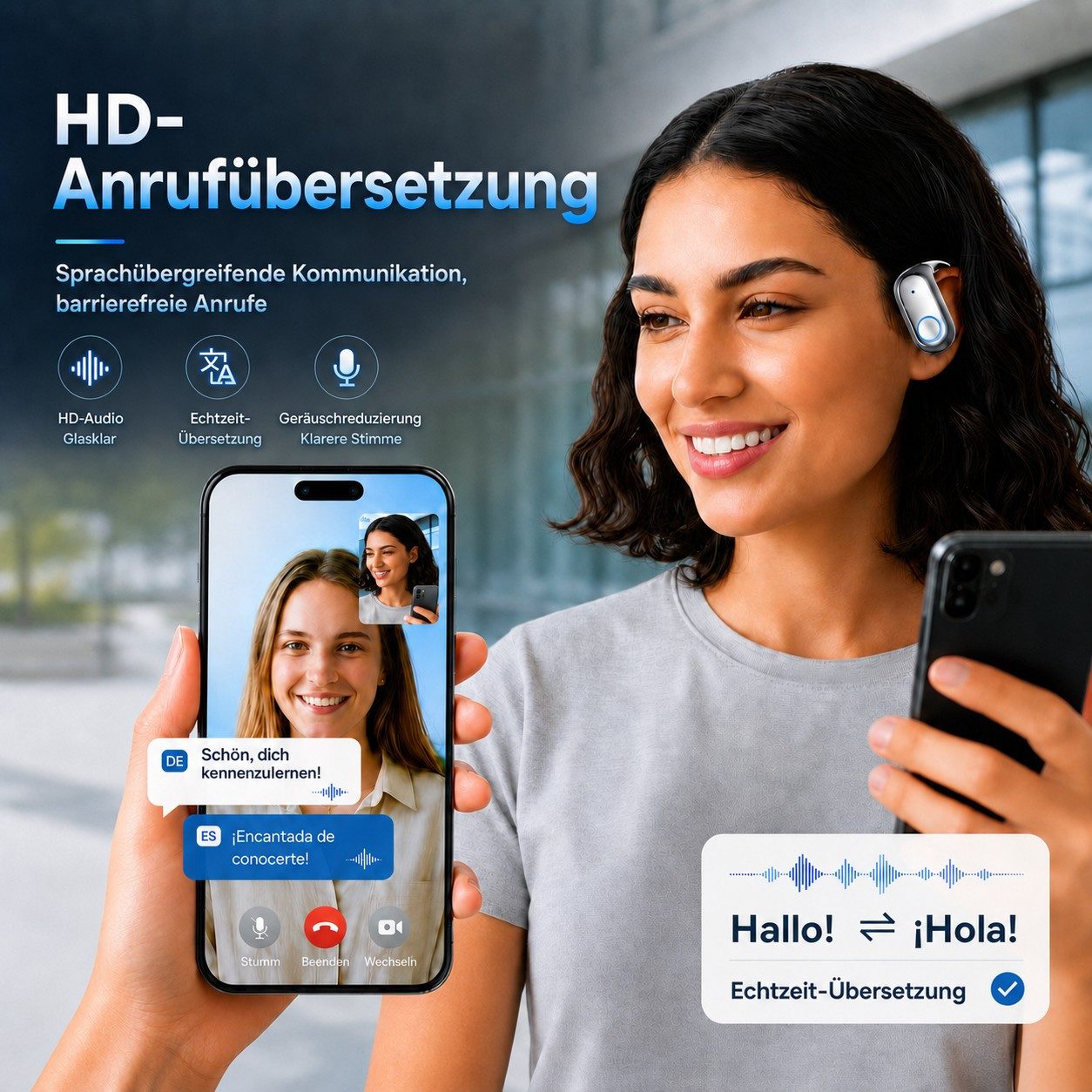 Futicare KI-Übersetzungskopfhörer mit GPT-KI, Bluetooth-Kopfhöre, Open-Ear-Kopfhörer (mit schlankem Ohrhaken für Brillenträger,165 Sprachen,ohne Abo,80 Std) – Bild 5 von 5