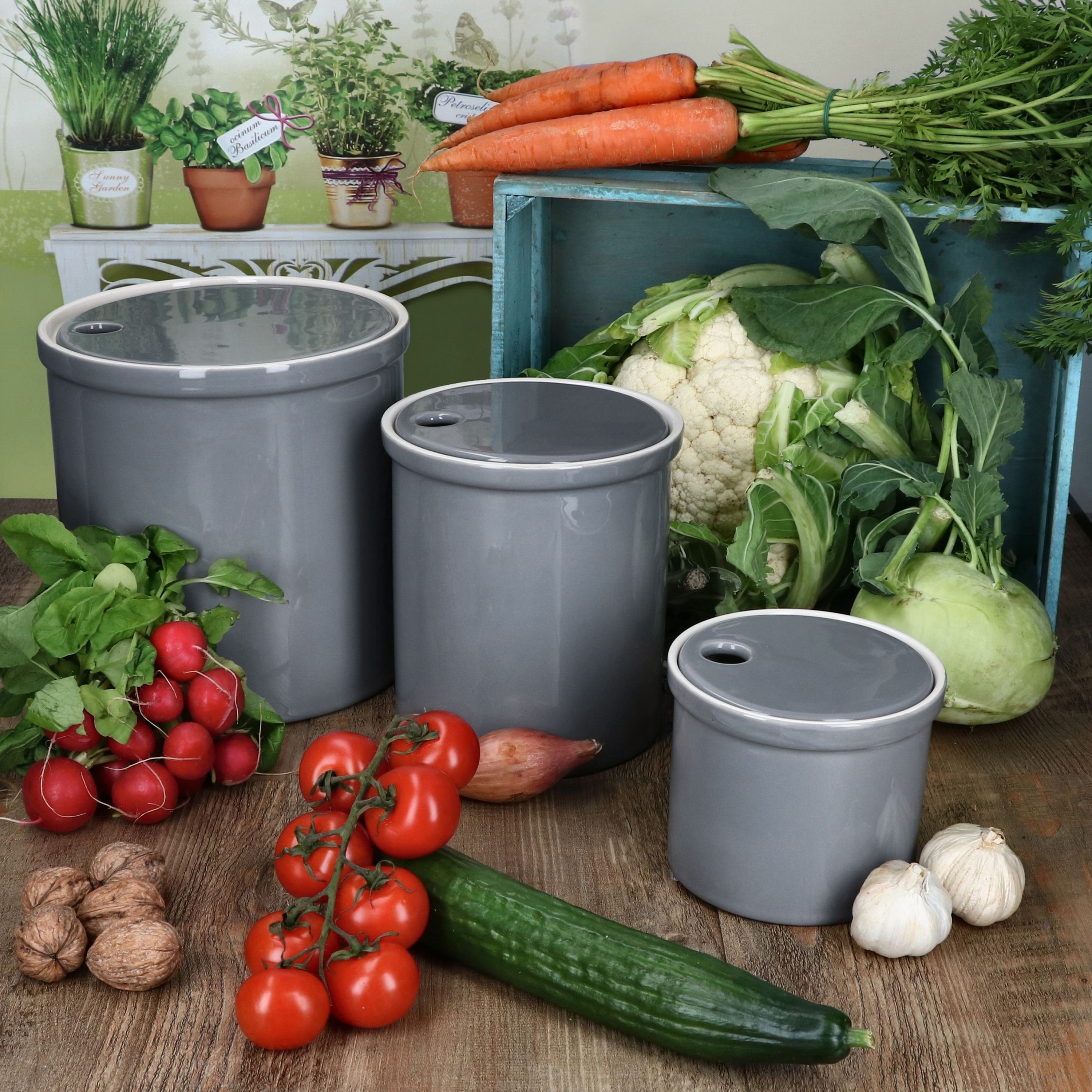 MamboCat Vorratsglas 3er Set Oskar Vorratsdose S M & L in Grau Kartoffeln Zwiebeln, Ton