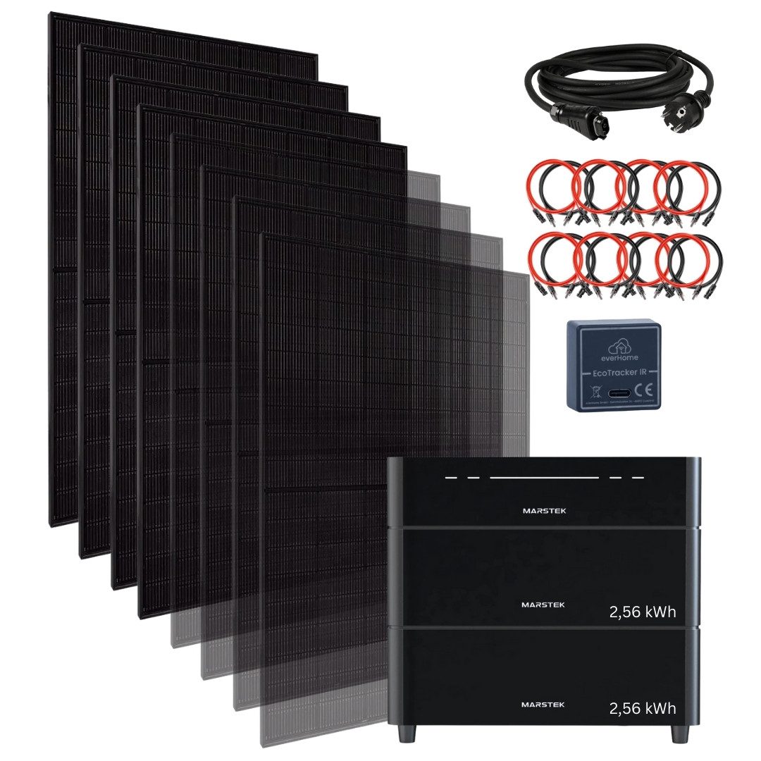 MyVoltaics Balkonkraftwerk 4000+ Watt MIT SPEICHER Marstek Venus D 5,12 kWh Smartmeter Versand 0€, 4000 W, mit 8 Modulen 500+ W bifazial, 2x Speichererweiterung 2,56 kwh, (Set komplett, 11-St., komplett steckerfertig für Steckdose und Solarmodule, erweiterbar), 800 W Netzausgang, Notstrom direkt am Speicher bis zu 2500 W