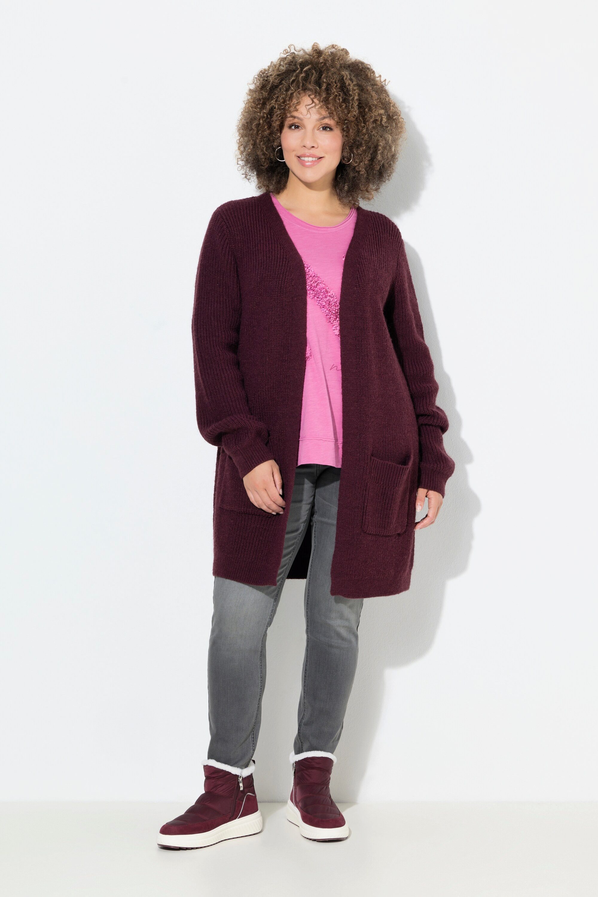 Ulla Popken Strickjacke Long-Strickjacke Knopfverschluss V-Ausschnitt