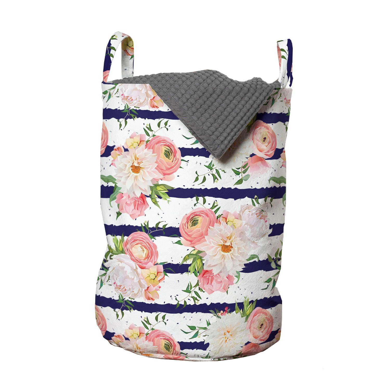 Abakuhaus Wäschesäckchen Wäschekorb mit Griffen Kordelzugverschluss für Waschsalons, Blumen Englisch Garten Navy Streifen
