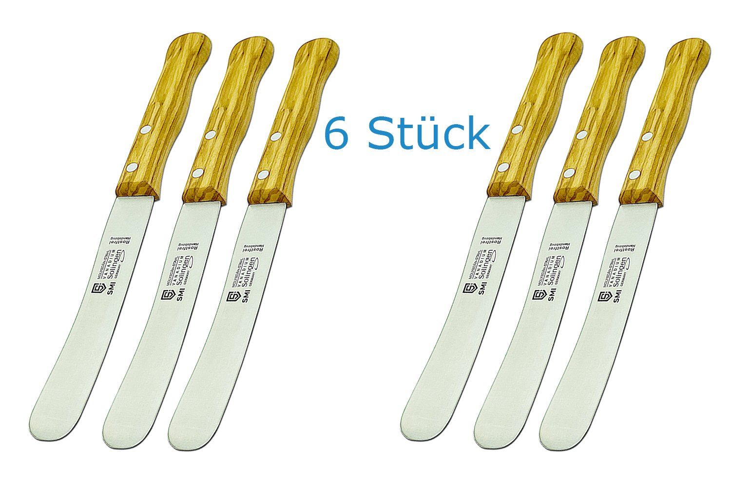 SMI Нож для булочек 6-tlg Buttermesser Solingen Olivenholz Frühstücksmesser Buckelsmesser, breite Klinge