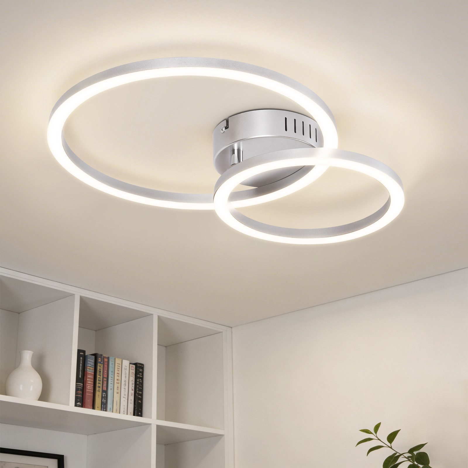 Nettlife LED Deckenleuchte Wohnzimmer 2 Ringe Schwarz/Weiß/Silber Modern 23W Deckenlampe 40.5CM, Nicht dimmbar, LED fest integriert, Warmweiß, für Wohnzimmer Schlafzimmer Flur Büro Balkon Küche