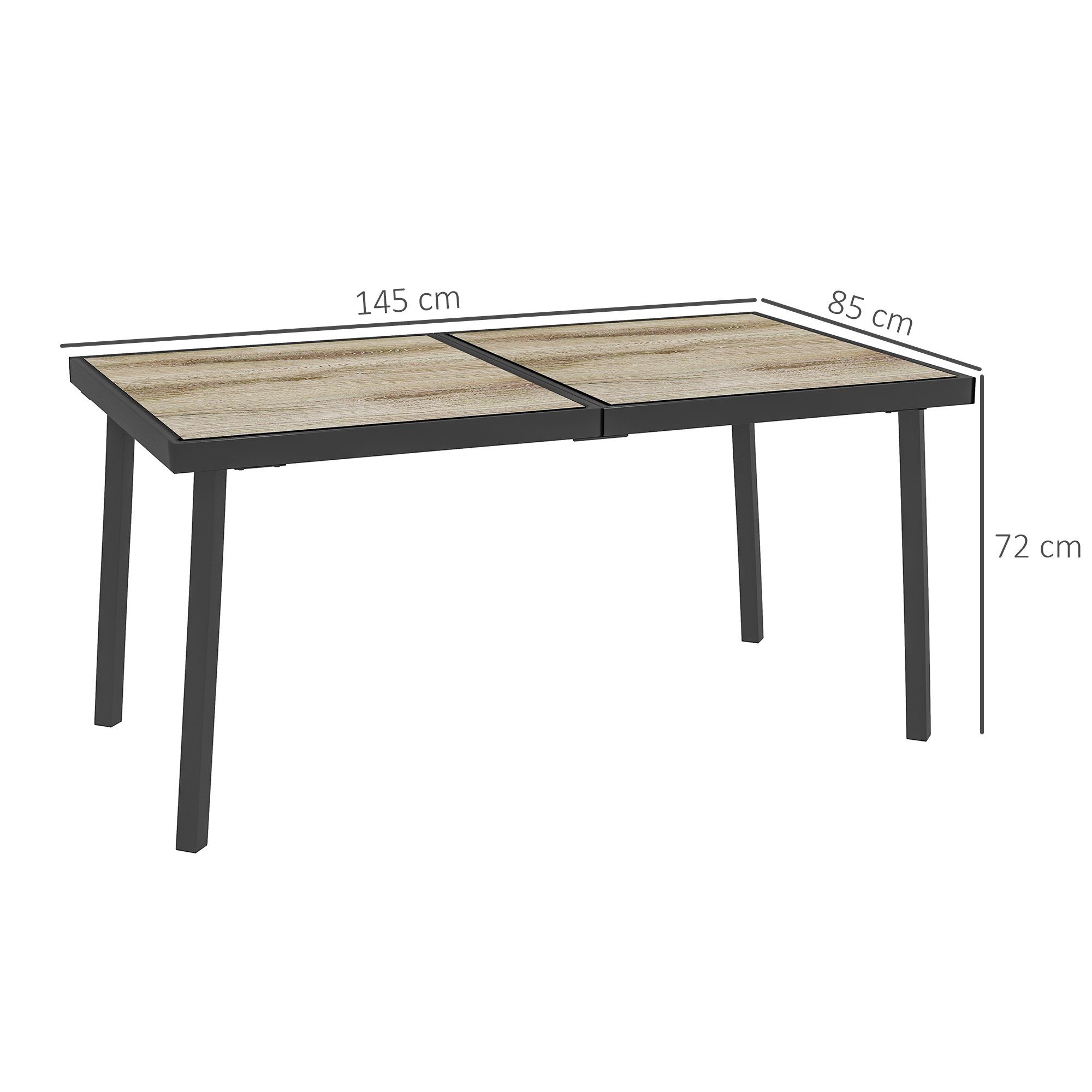 Outsunny Gartentisch Terrassentisch für 6 Personen mit Holzoptik (Balkontisch, 1-St., Esstisch für Garten), Stahlgestell, Grau, 145 x 85 cm