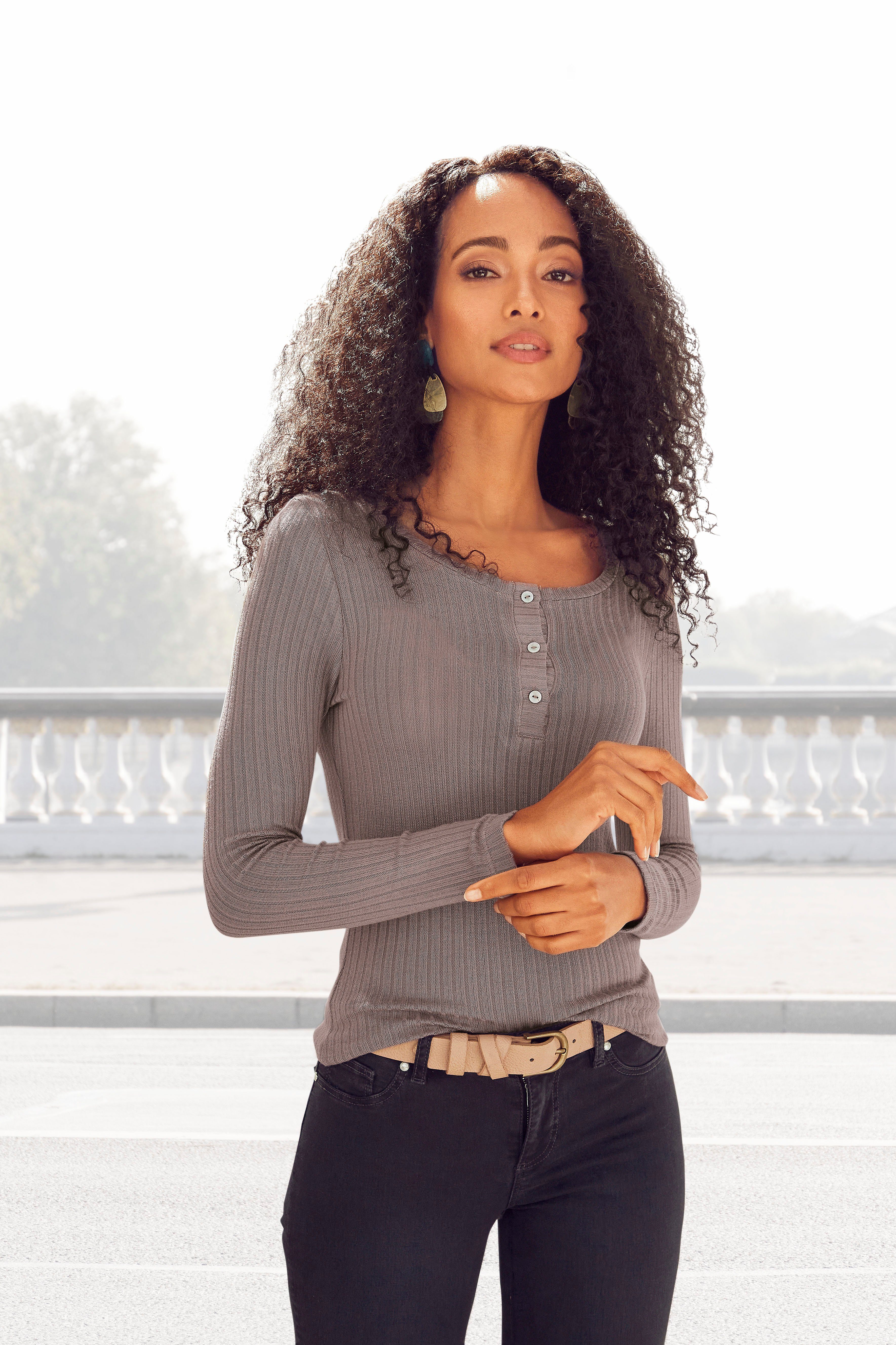 Langarmshirt mit kurzer Knopfleiste