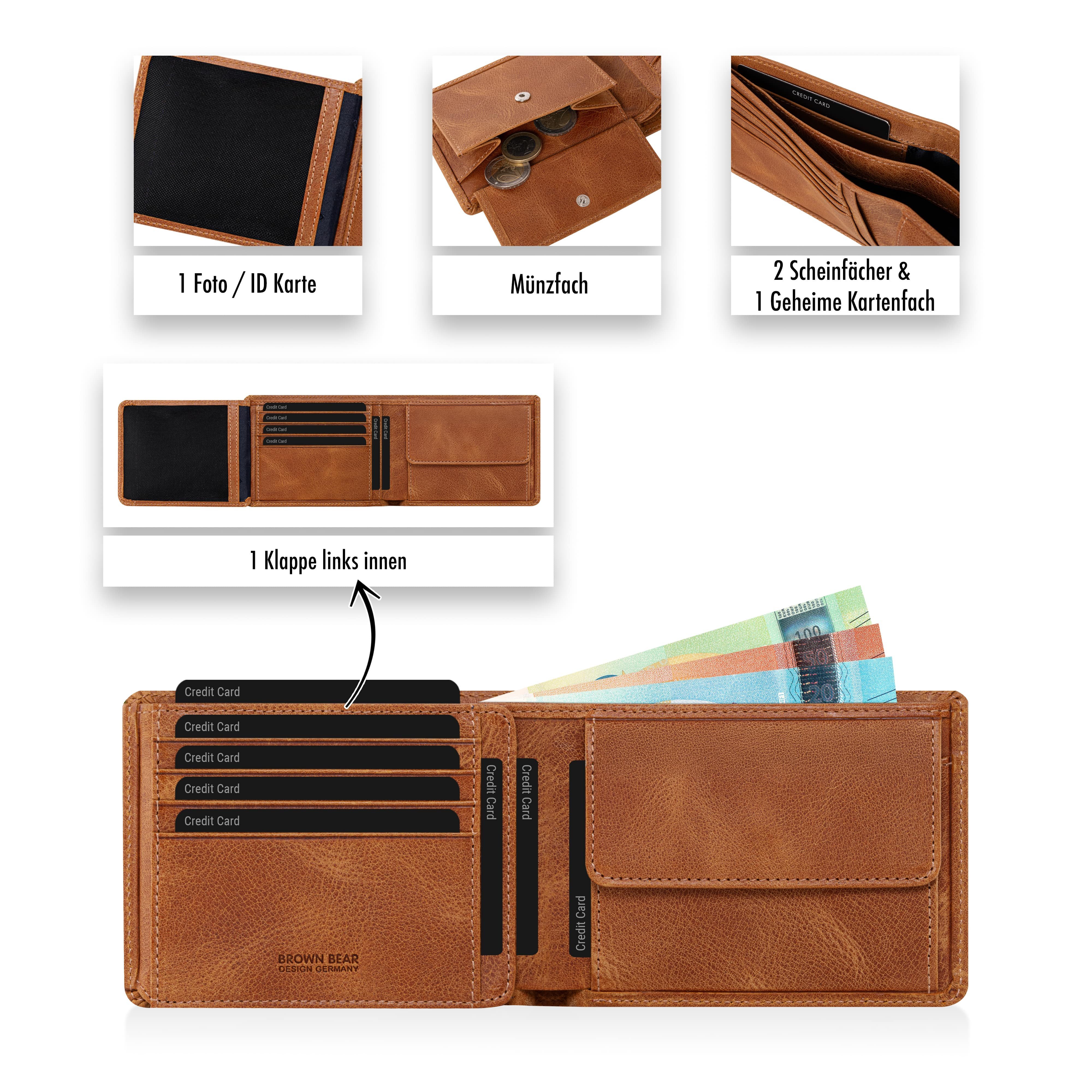Brown Bear Geldbörse 8005 D für Herren aus Echtleder, mit 9 Kartenfächern und RFID-Schutz Farbe Cognac-Vintage