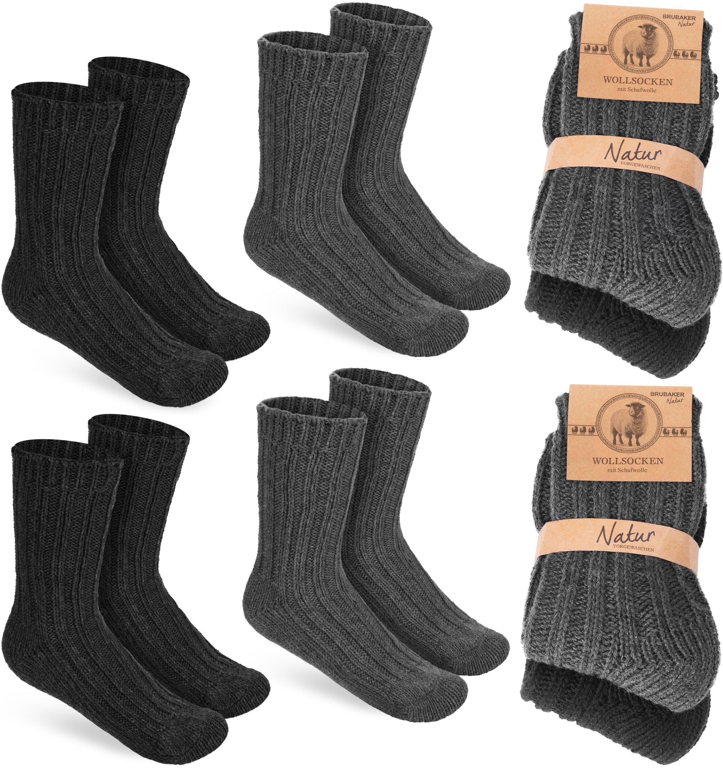 BRUBAKER Socken Kinder Wollsocken - Warme Wintersocken für Jungen und Mädchen (4-Paar, 4er-Pack) Flauschiges Socken Set mit Schafwolle - Winter Kindersocken Schwarz und Anthrazit