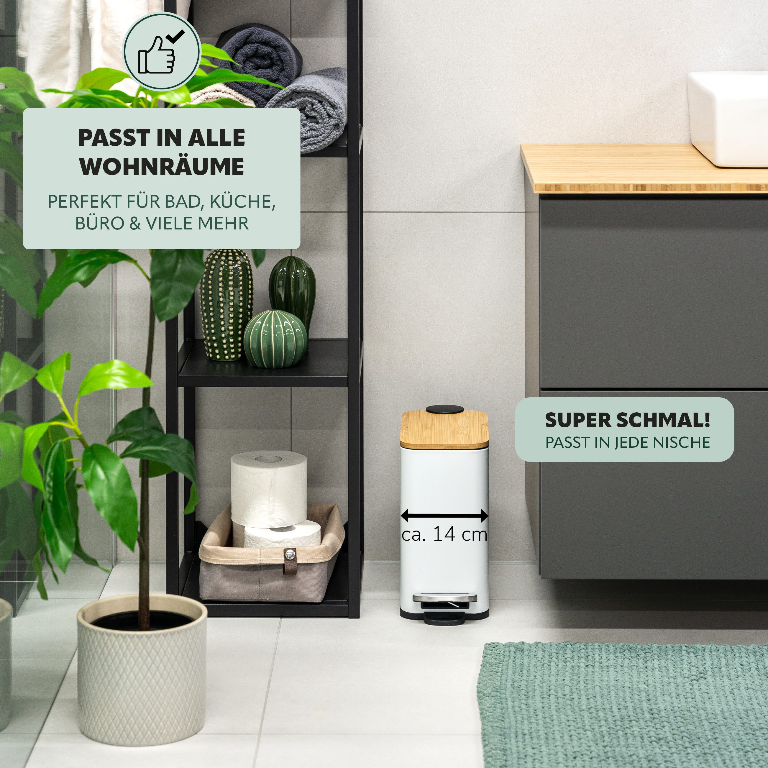 bremermann Kosmetikeimer mit Bambus-Deckel, Bad-Mülleimer mit Soft-Close, 5 l