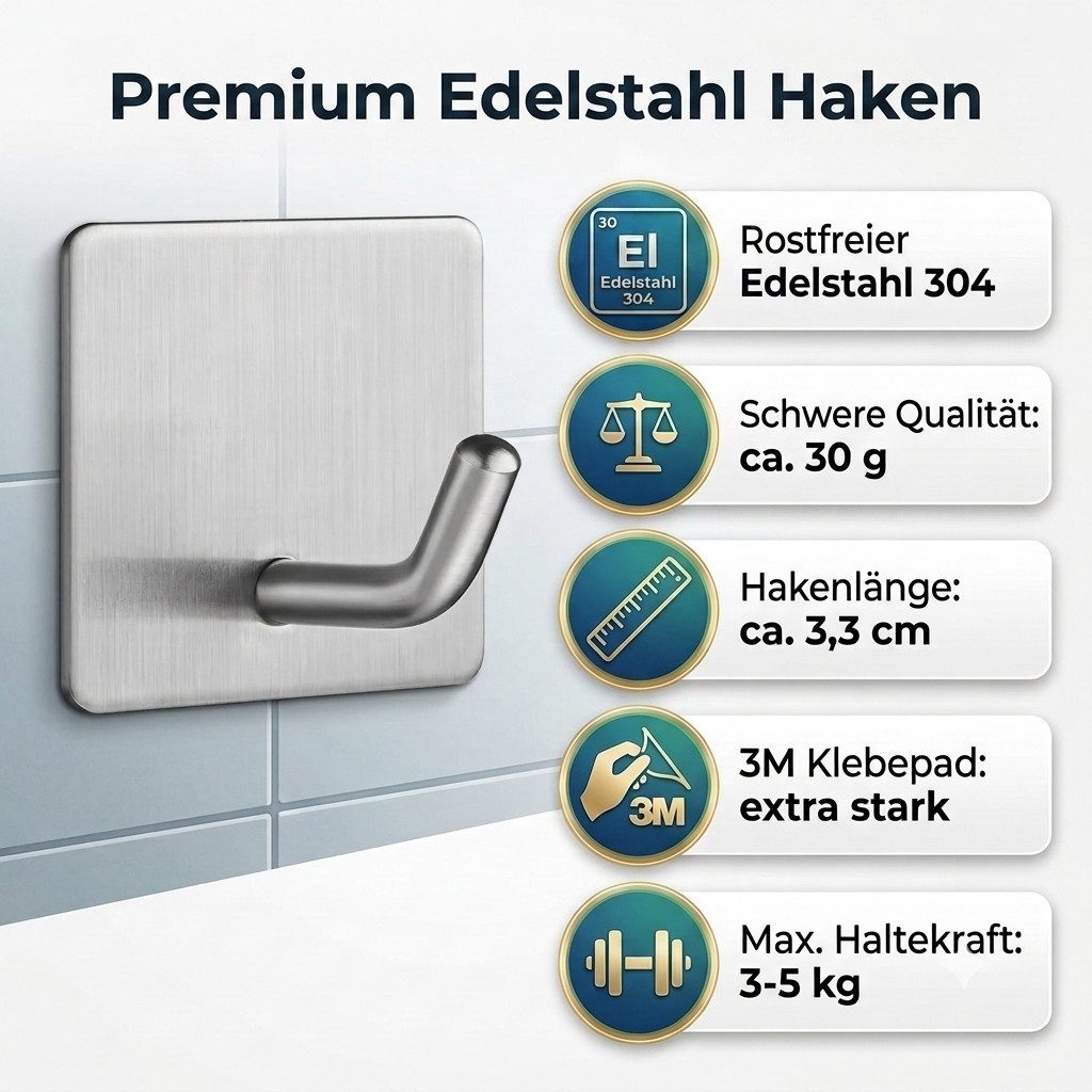 TECBULL Handtuchhaken Klebehaken aus Edelstahl, Wandhaken selbstklebend, V2, (5-St)