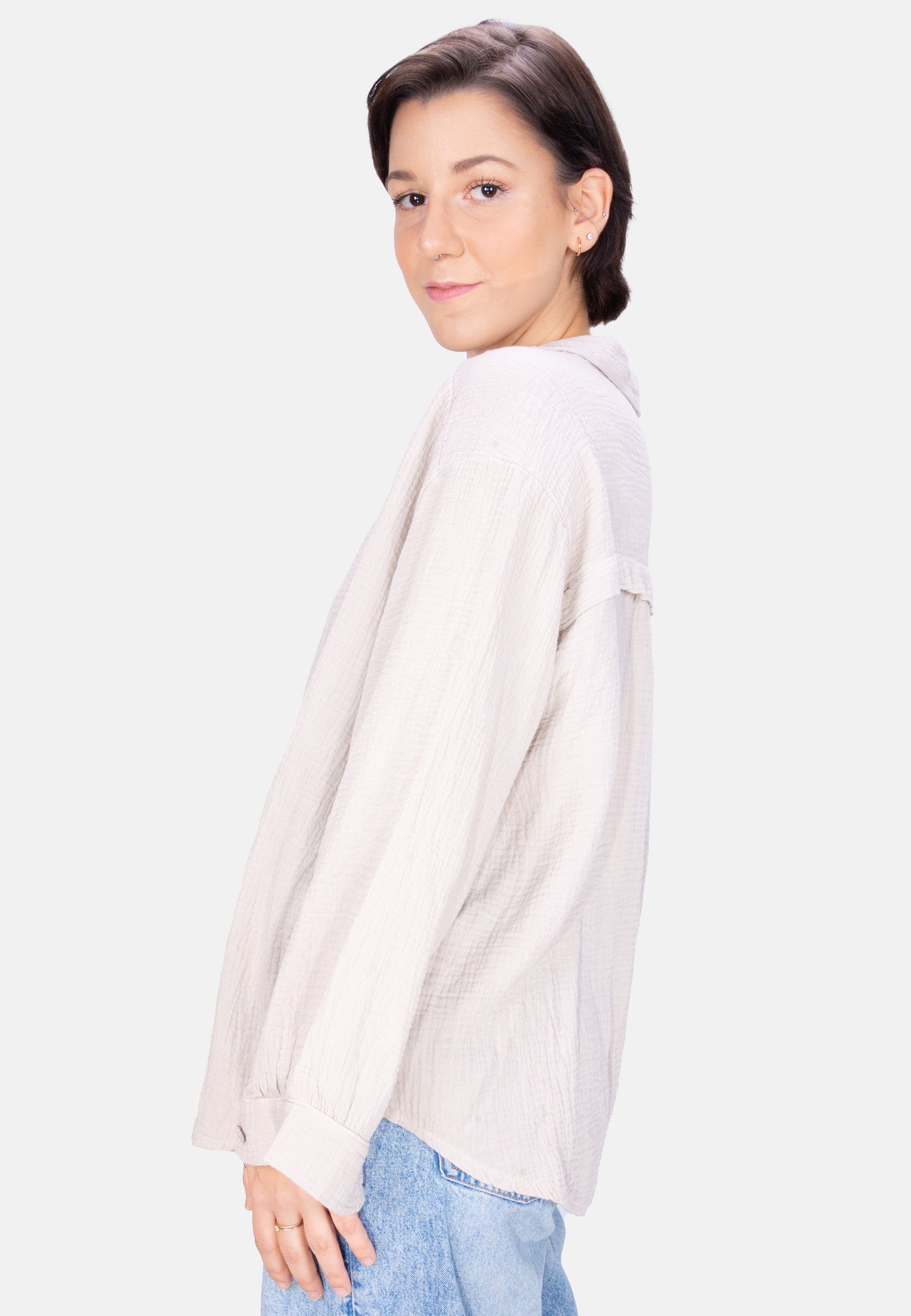 Seasons of April Hemdbluse Oversized Musselinbluse Sasha (1-tlg) Kurze Musselin Hemdbluse mit Knopfverschluss aus 100% Baumwolle