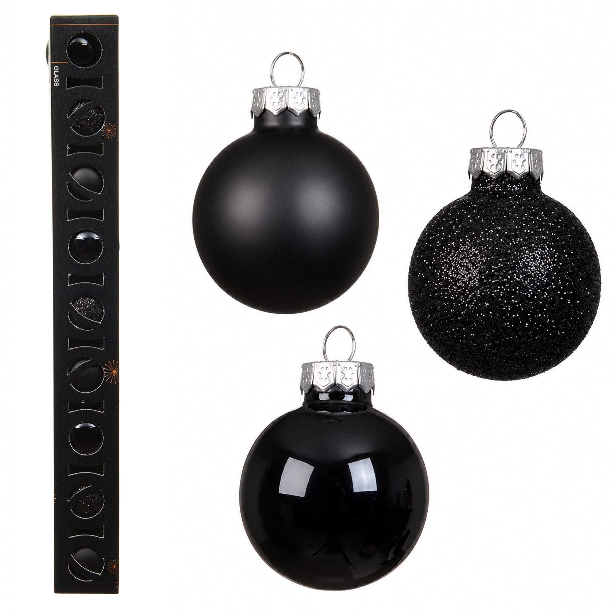 Kaemingk Weihnachtsbaumkugel, Weihnachtskugeln Glas 3cm Glanz Matt Glitzer 9er Set - Schwarz