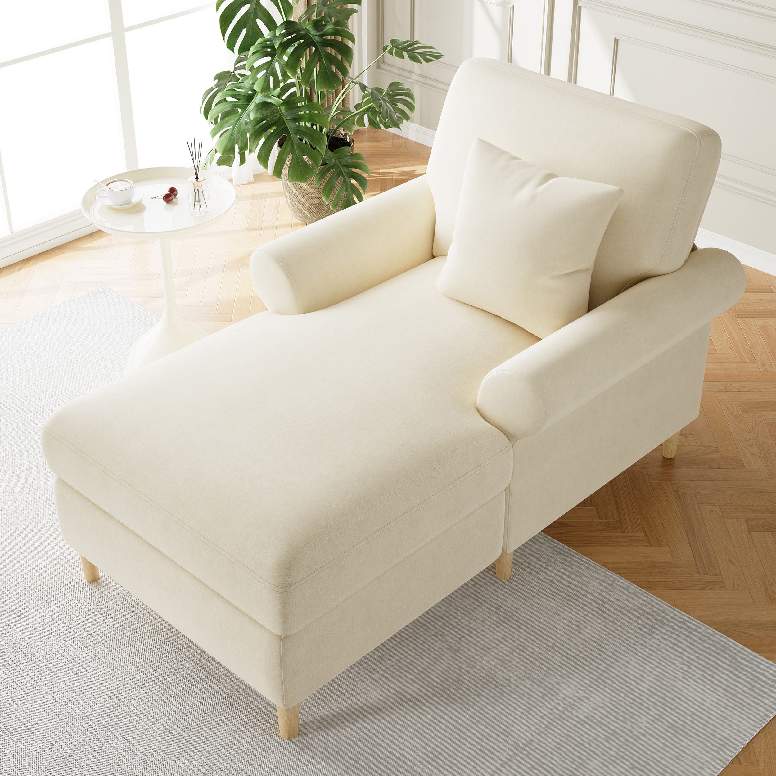OKWISH Schlafsofa Sofa 133x87x90 cm mit Liegefunktion und Samtbezug, beige, großzügig, Set 1 Teile, Gepolsterter Relaxsessel, klappbarer Schlafsessel
