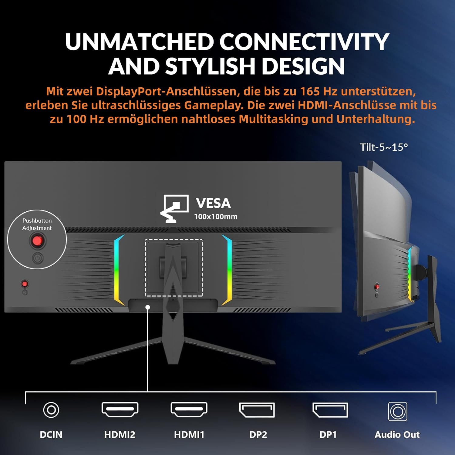 Great Voell 34 Zoll WQHD 4K(3440x1440), 165Hz, 1500R, PIP/PBP, Curved Gaming-Monitor (86 cm/34 ", 3440 x 1440 px, WQHD, 1 ms Reaktionszeit, 165 Hz, VA LED, 127% sRGB, 1500R, Adaptive Sync, HDR10, VESA)