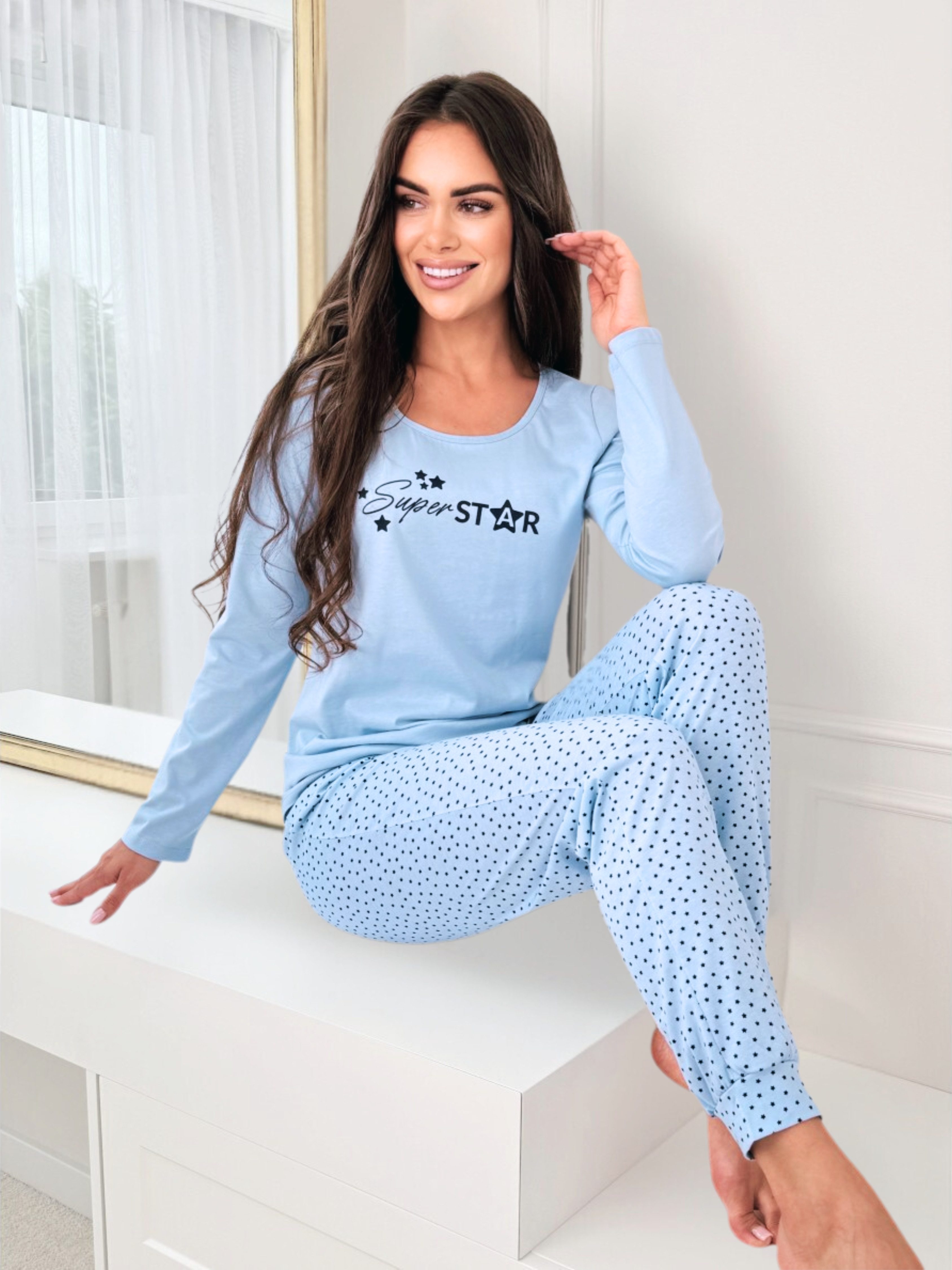 Donna Pyjama Damen Schlafanzug mit Sternchen-Druck mit Star-Motivdruck, reine Baumwolle