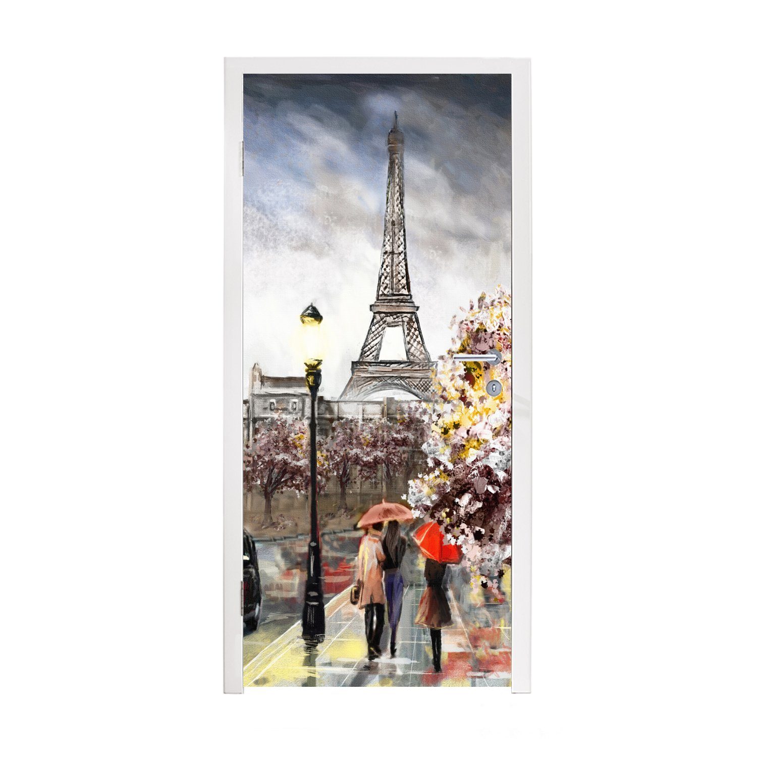 MuchoWow Türtapete Gemälde - Paris - Frankreich - Öl, Matt, bedruckt, (1 St), Fototapete für Tür, Türaufkleber, 75x205 cm