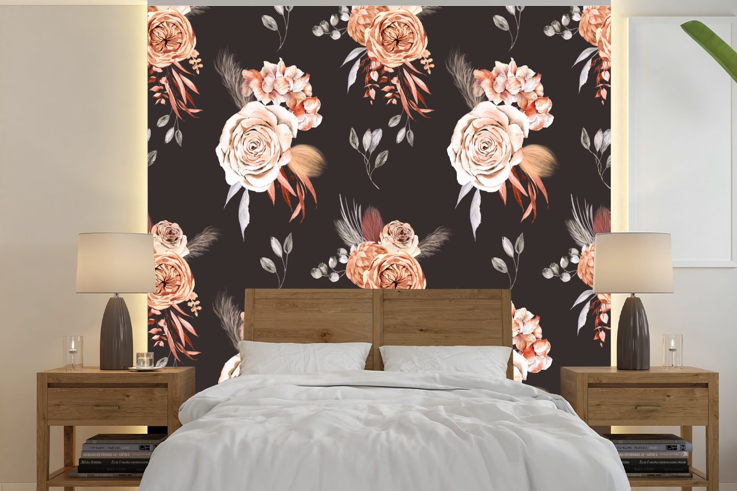 MuchoWow Fototapete Blumen - Bohème Dekoration - Schwarz, Matt, bedruckt, (5 St), Vinyl Tapete für Wohnzimmer oder Schlafzimmer, Wandtapete