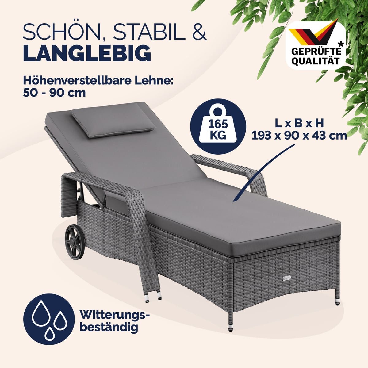 Casaria Gartenliege, 165kg Belastbar 7cm Auflage mit Rollen Sonnenliege 5fach verstellbar