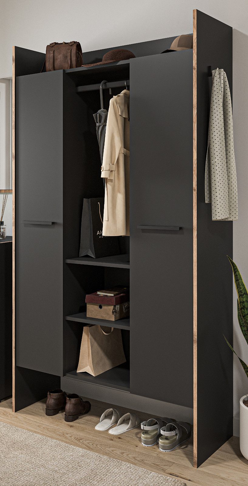 Inn.Furn Kompaktgarderobe Salud (Flurgarderobe in Basalt Grau mit Eiche, 105 x 189 cm) bis zu 12 Paar Schuhe