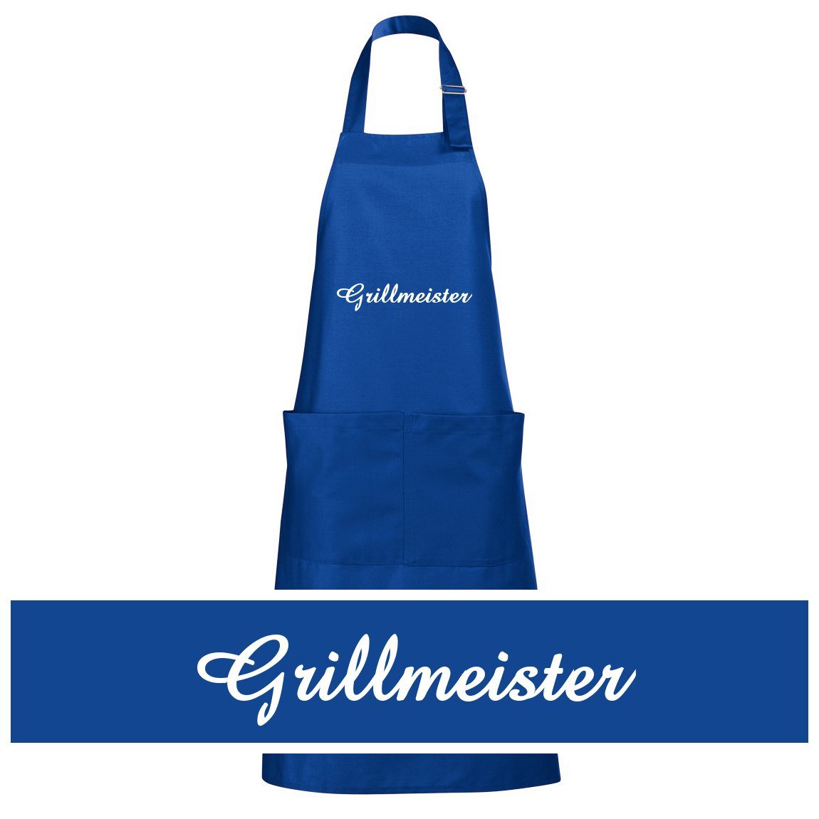 Schnoschi Grillschürze Hochwertige Küchenschürze mit Grillmeister bestickt, Grill Schürze, Stickerei Grillmeister, Große Tasche mit 2 Fächern, Metallschlaufe