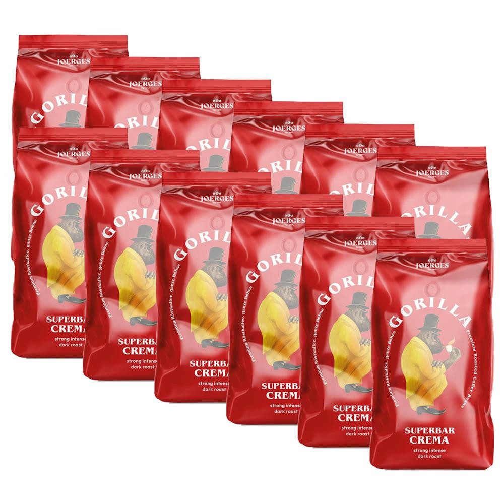 Gorilla Kaffee Joerges Espresso Gorilla Superbar Crema ganze Kaffeebohnen, 12 x 1000 g, aus 60% Arabicabohnen und 40% Robustabohnen